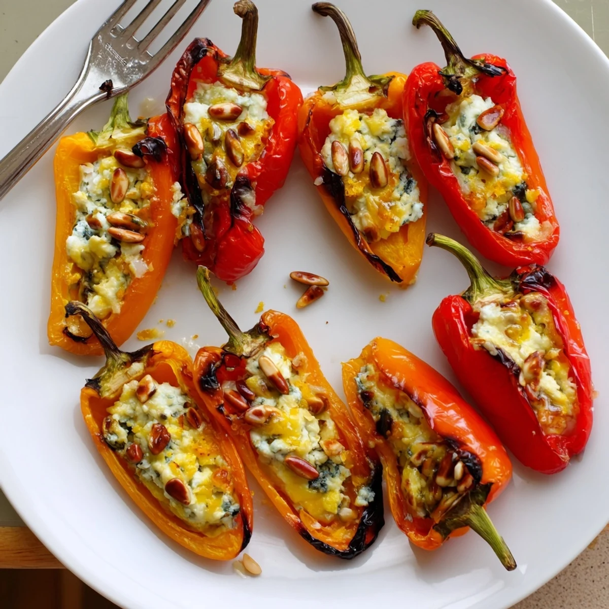 Golden roasted goat cheese stuffed mini peppers sprinkled with toasted pine nuts and herbs
