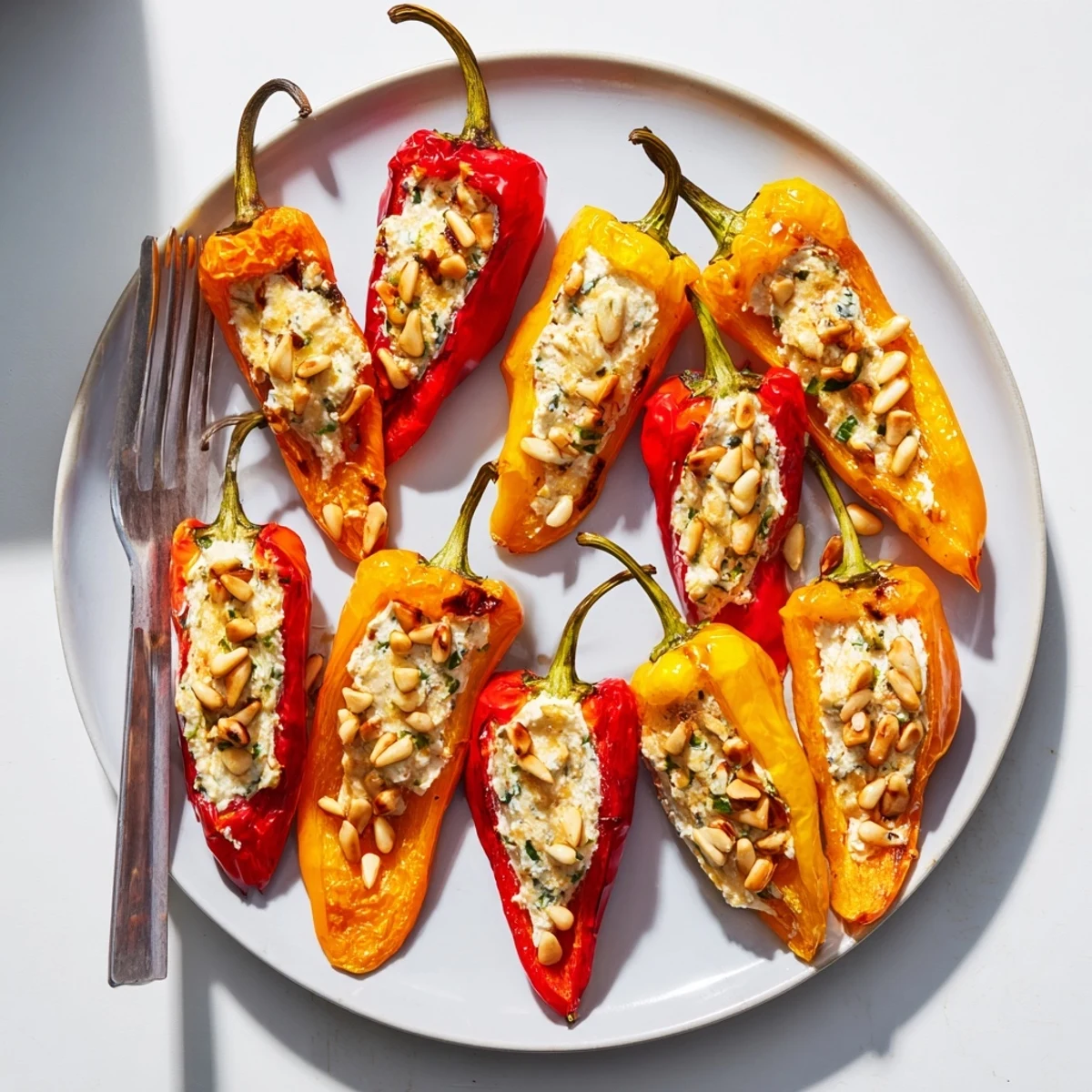 Creamy goat cheese stuffed mini peppers roasted tender on a rustic parchment baking sheet