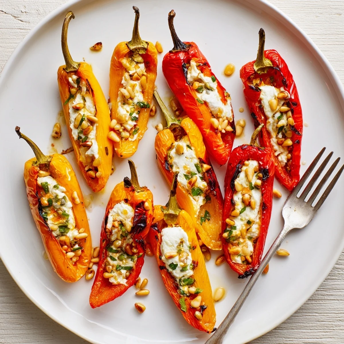 Herb-flecked goat cheese stuffed mini peppers arranged on a platter with bright lemon zest