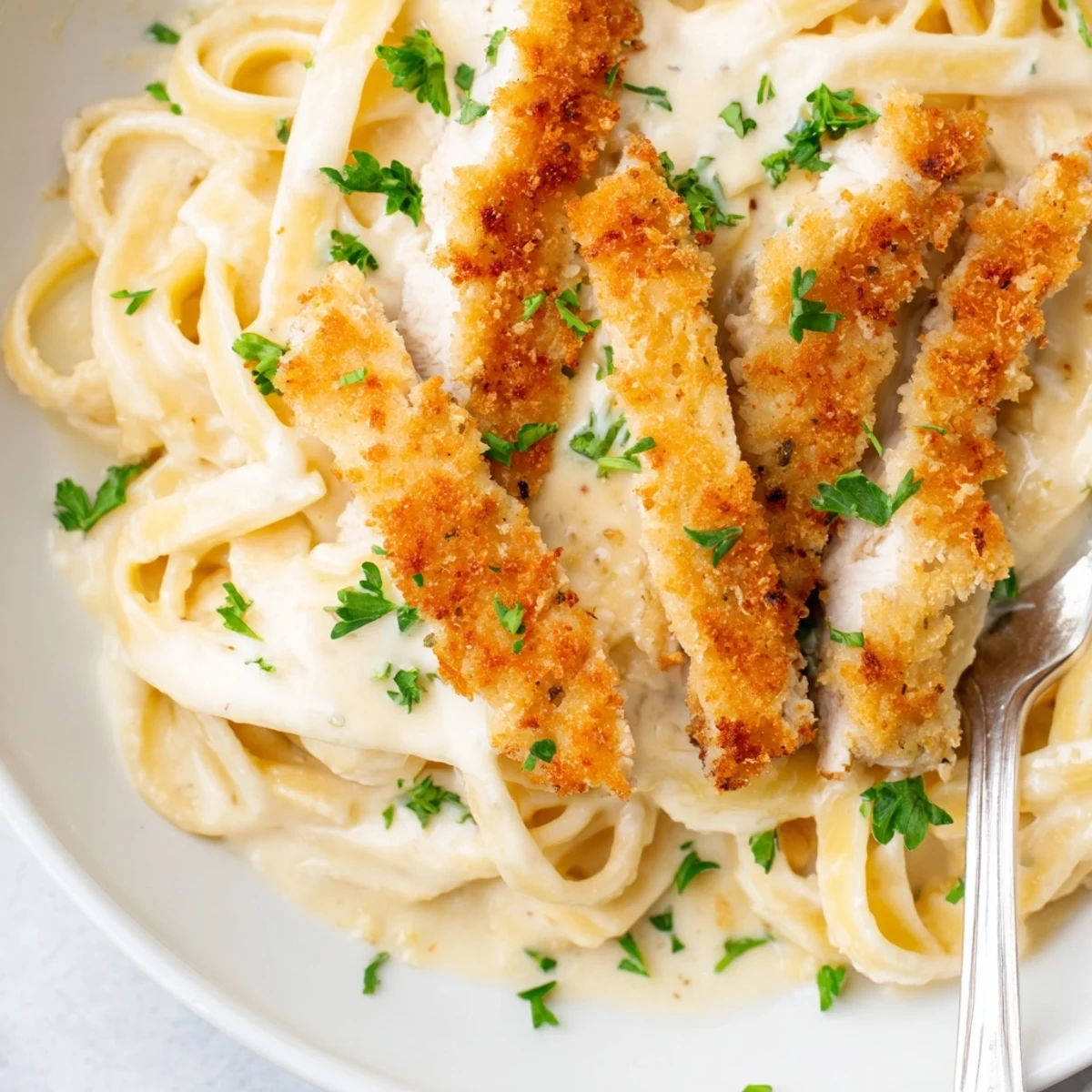 Family friendly crispy chicken Alfredo piled high on fettuccine with melted Parmesan and fresh herbs