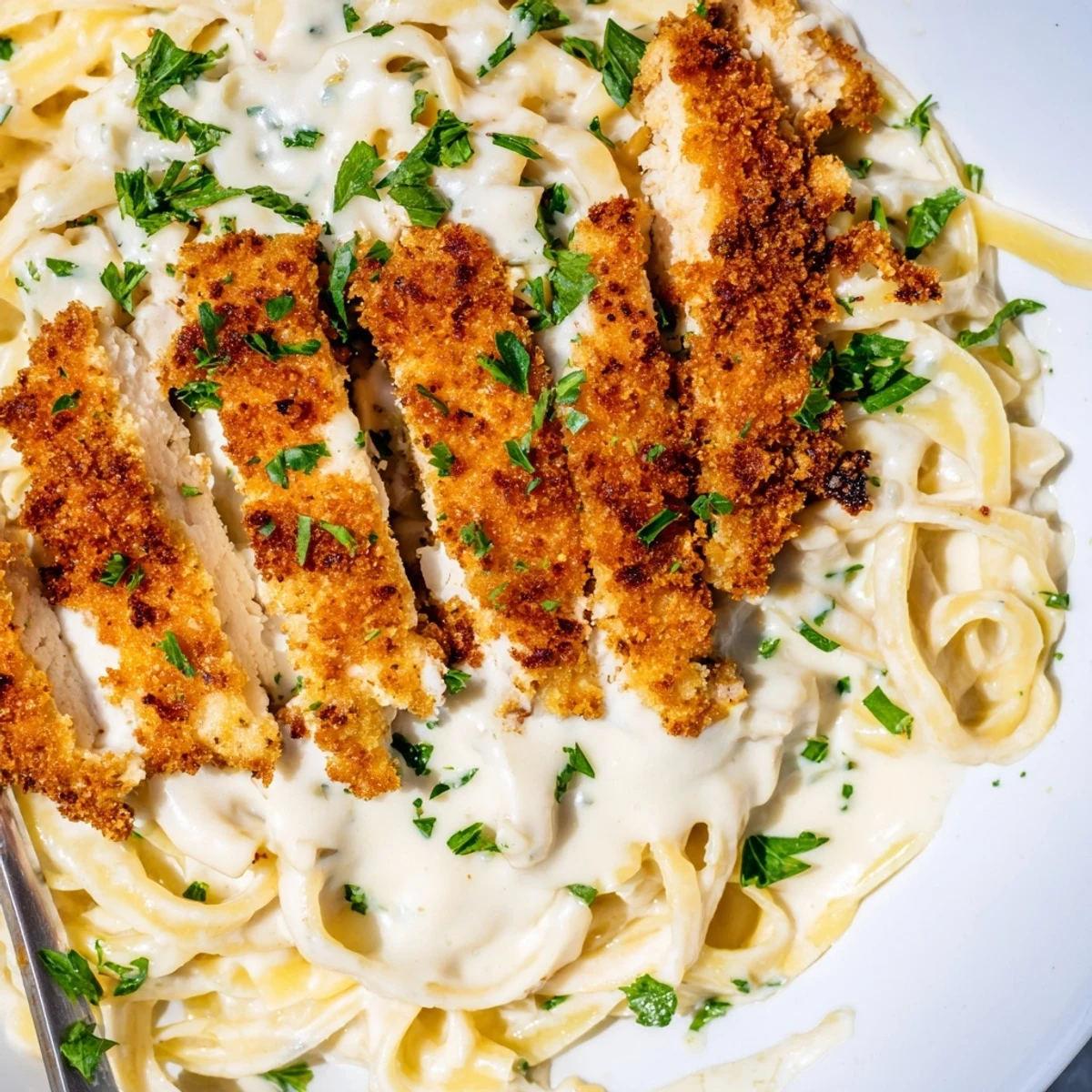 Golden crispy chicken strips nestled atop rich creamy Alfredo pasta on a rustic dinner plate