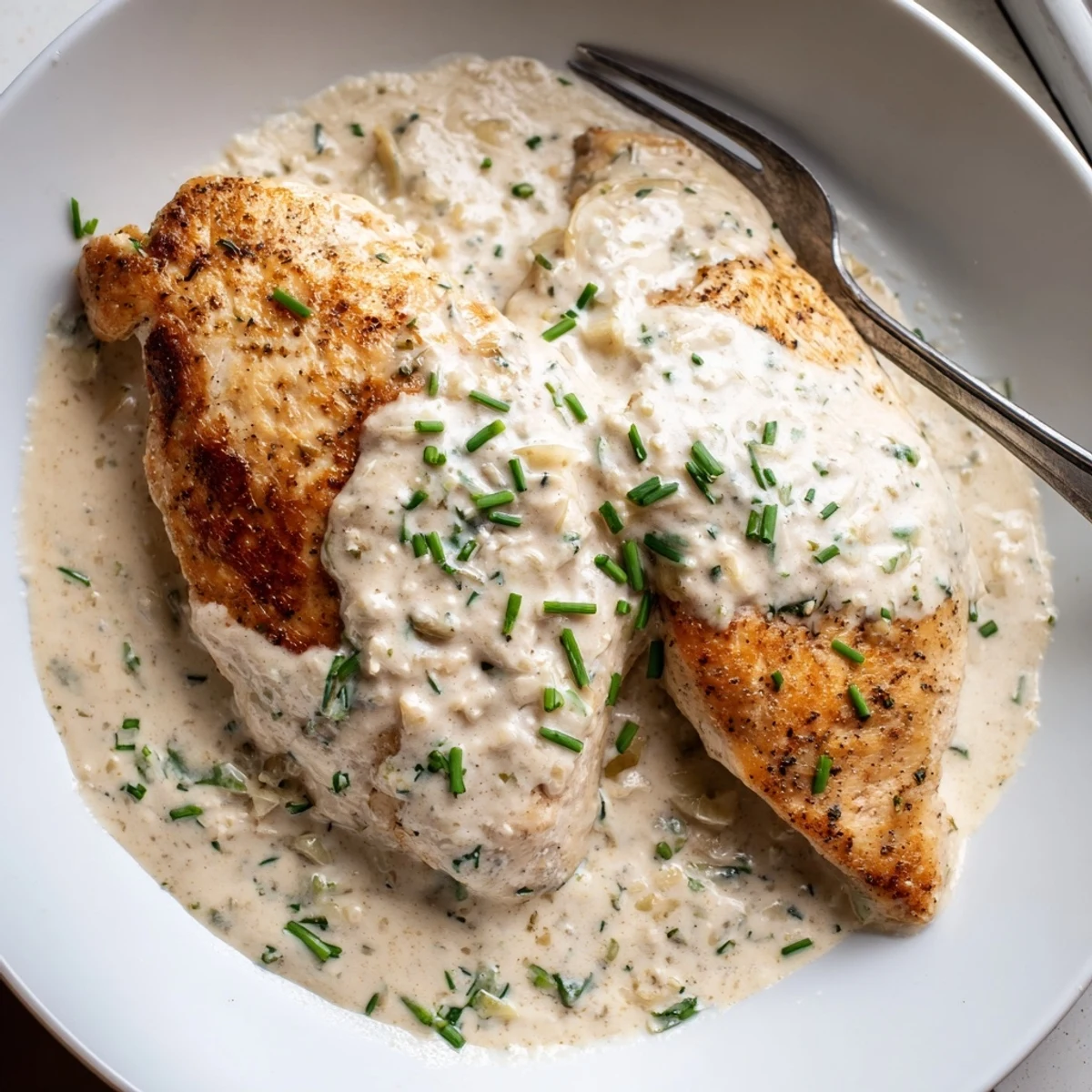 Creamy cream cheese chicken nestled in a velvety garlic herb sauce with golden seared edges