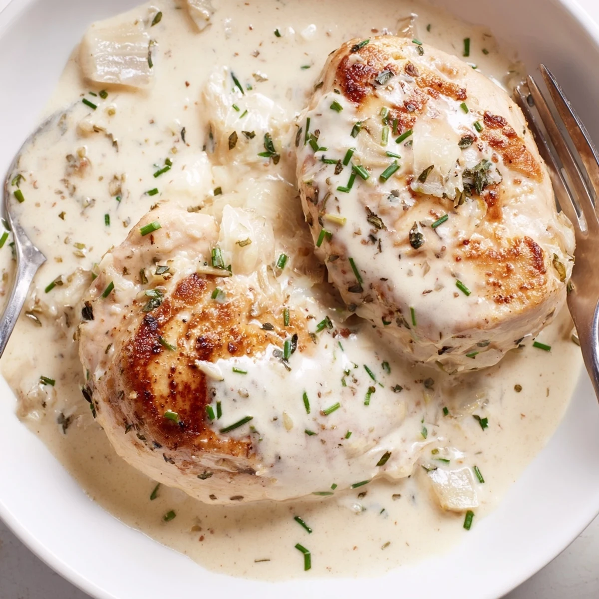 Cream cheese chicken draped in rich Parmesan sauce topped with fresh chopped chives