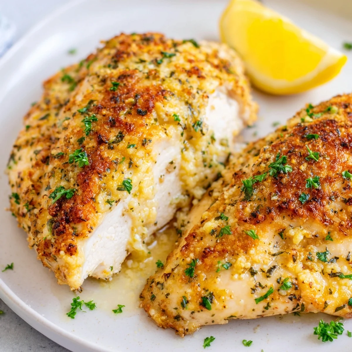 Golden garlic butter baked chicken breast glistening with herbs on a rustic baking dish