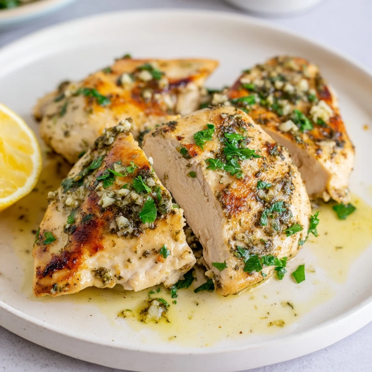 Juicy garlic butter baked chicken breast sliced open revealing tender meat with parsley garnish