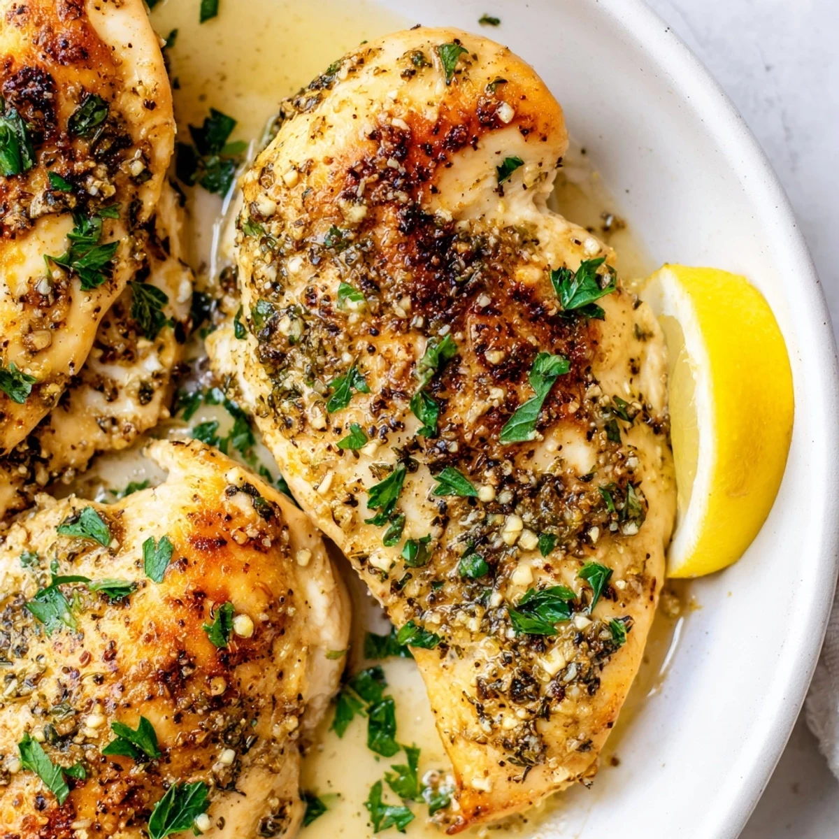 Creamy garlic butter baked chicken breast surrounded by roasted vegetables and fresh lemon wedges
