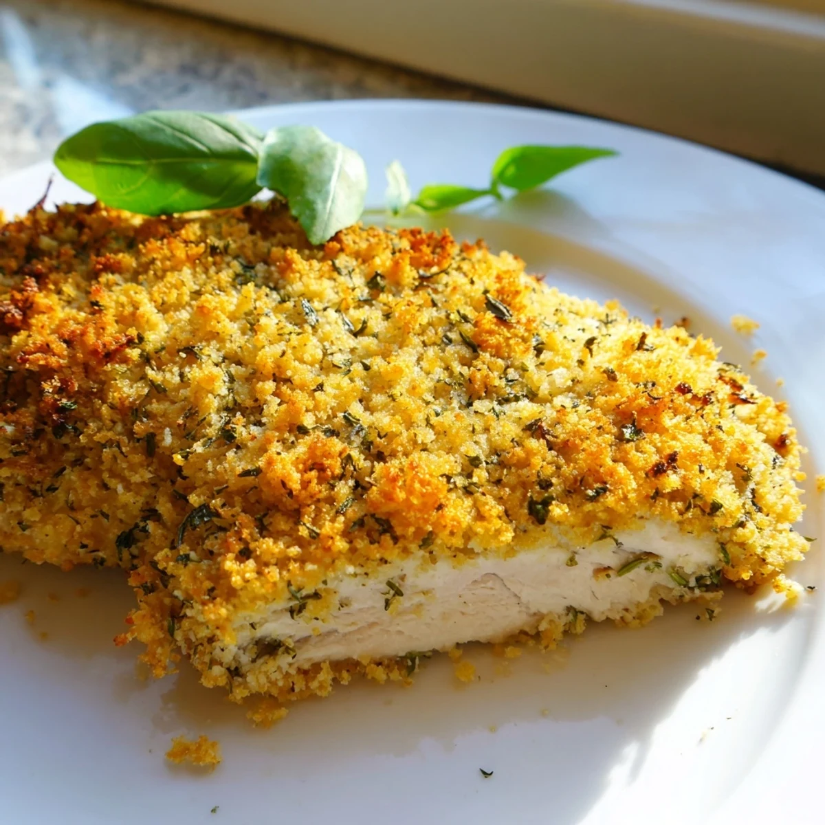 Golden baked Savory Herbed Parmesan Chicken with a crispy crust and fresh herbs on a rustic baking sheet.