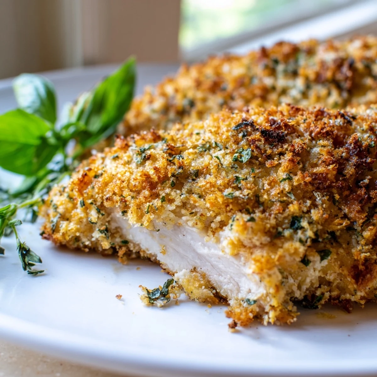 Juicy Savory Herbed Parmesan Chicken sliced open to reveal tender meat topped with melted cheese and parsley.