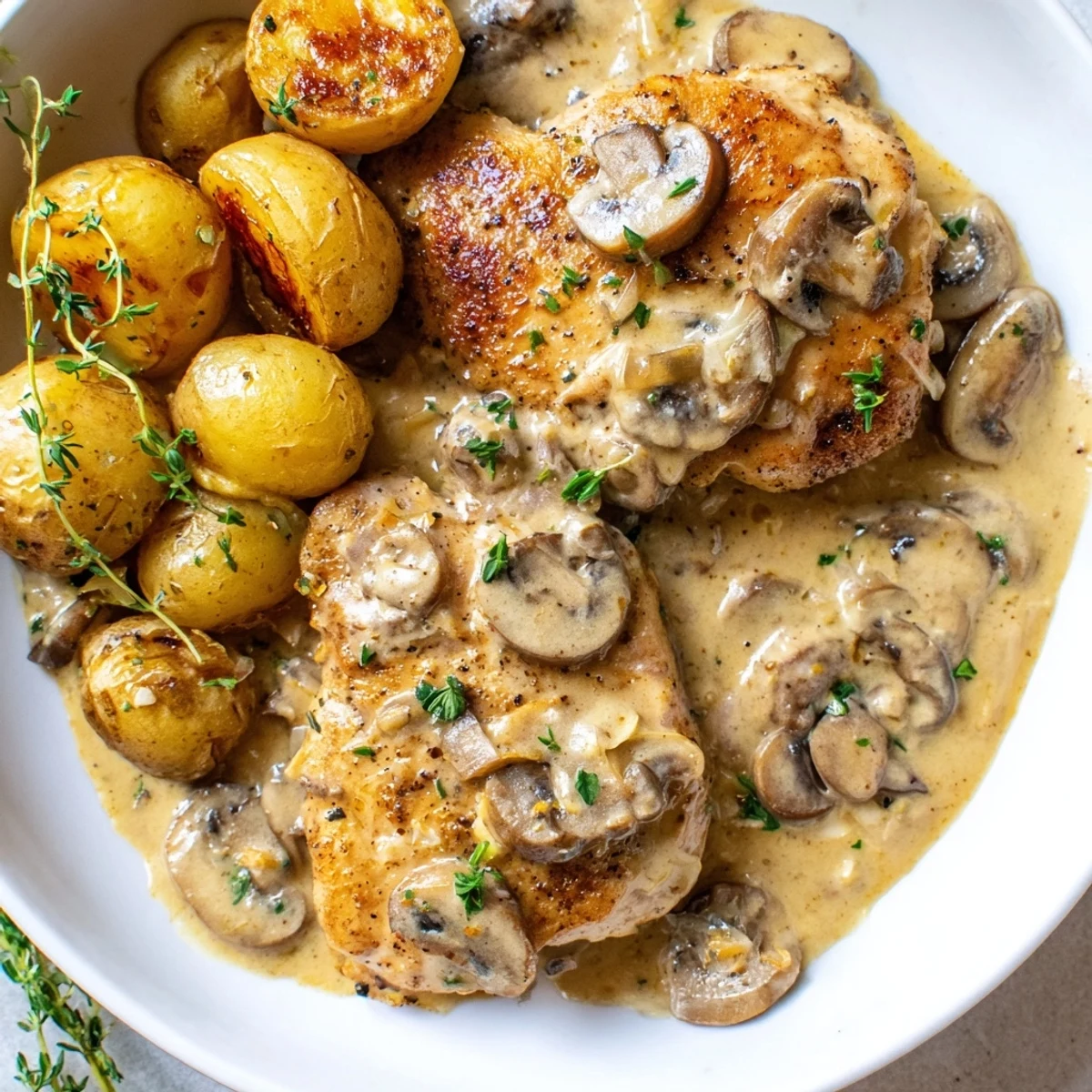 Golden seared chicken in creamy mushroom sauce served with crispy herb potatoes on a rustic plate