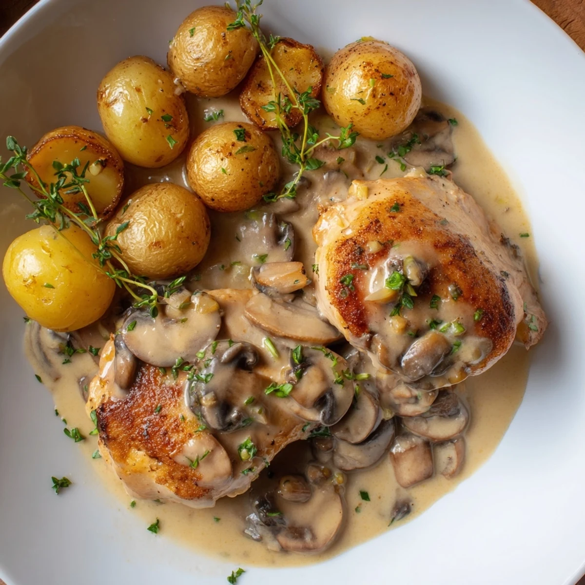 Juicy chicken breasts smothered in velvety mushroom cream sauce alongside golden herb-roasted potato halves