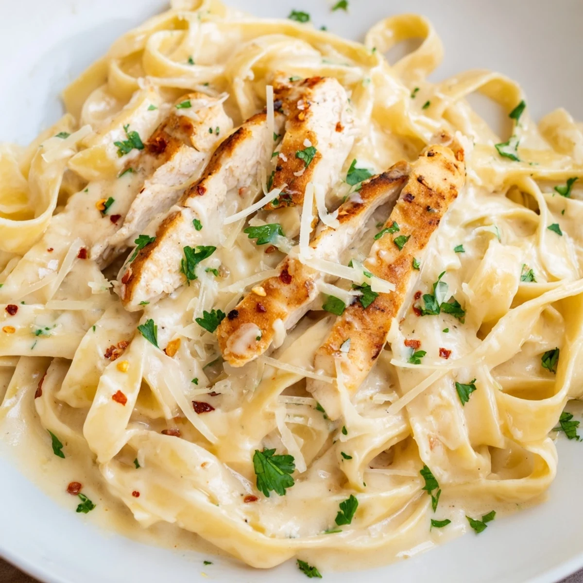 Creamy Garlic Parmesan Chicken Pasta topped with fresh parsley and extra Parmesan shavings