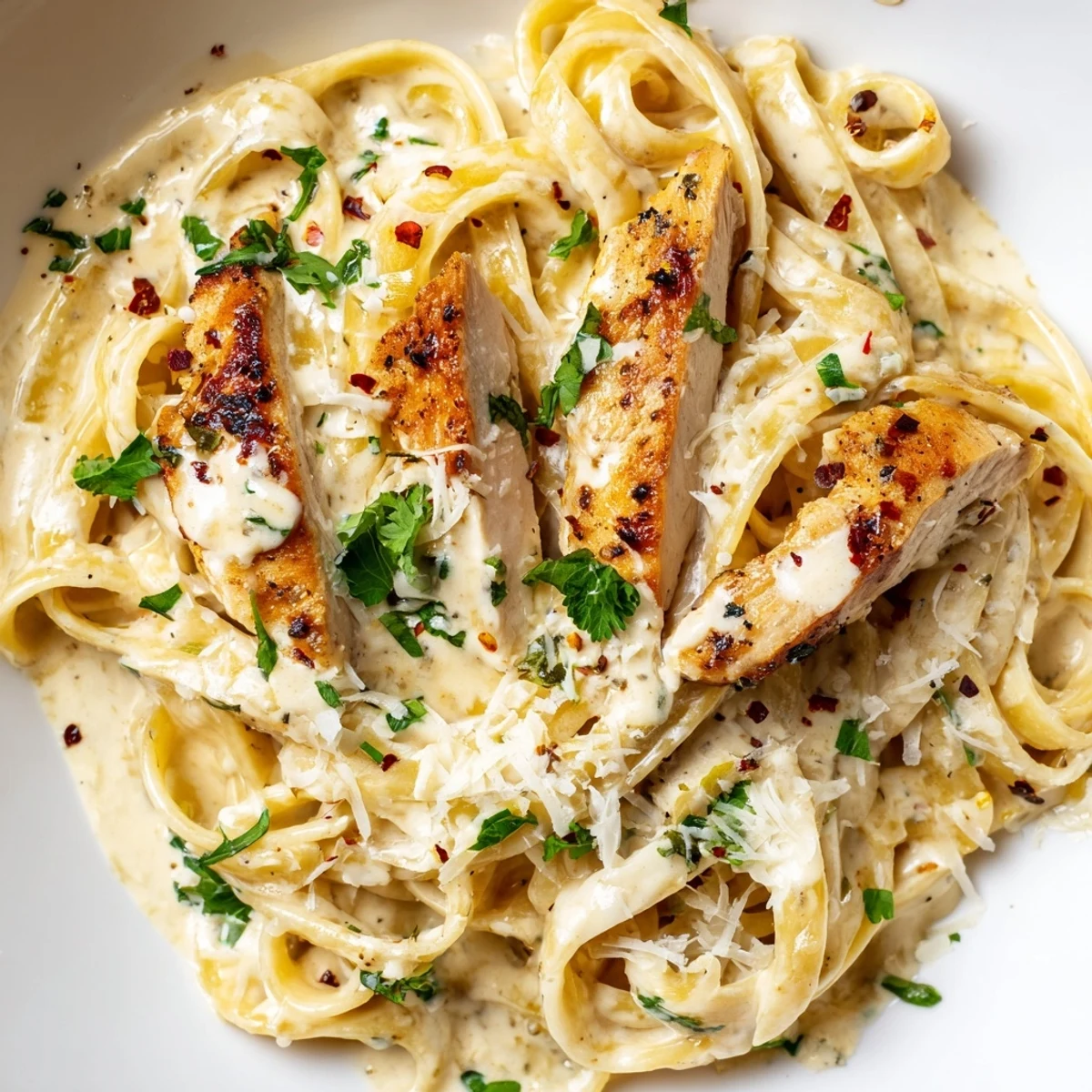 Tender golden chicken strips tossed in Creamy Garlic Parmesan Chicken Pasta with silky sauce