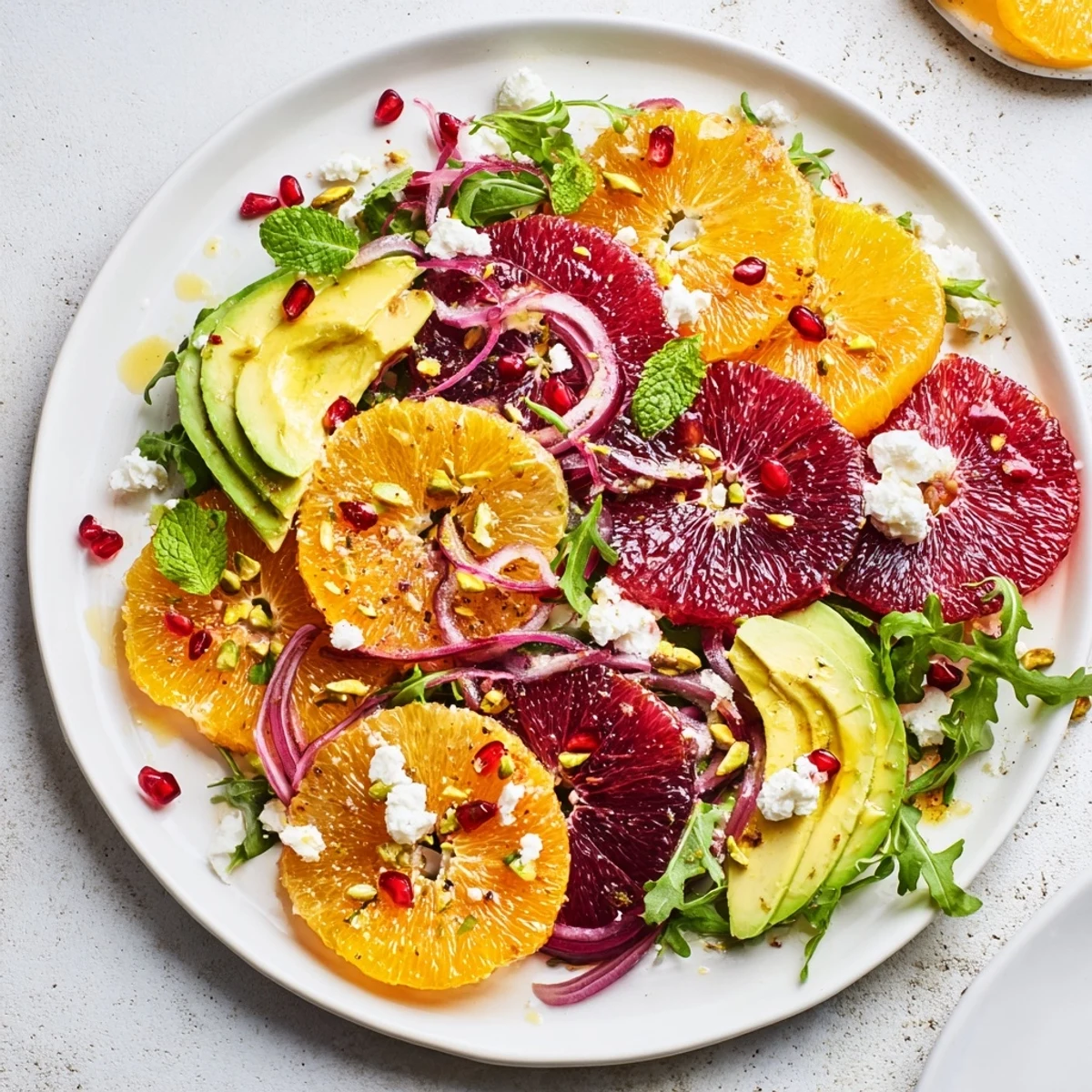 Bright citrus salad with pomegranate jewels, creamy avocado, and crumbled feta on a platter