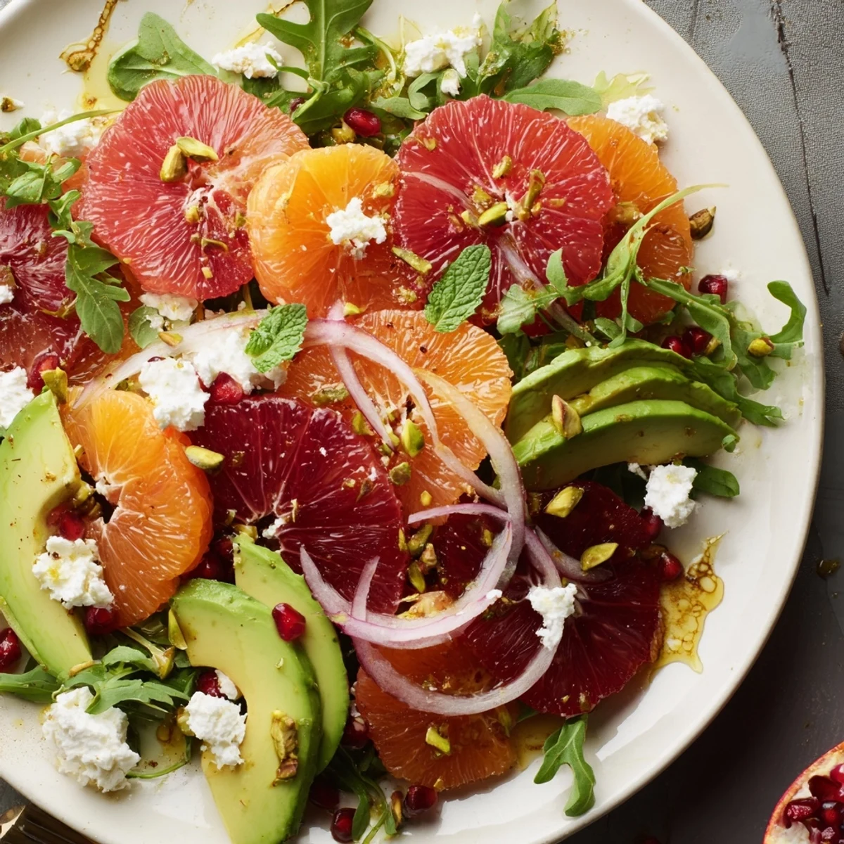 Colorful citrus salad with pomegranate jewels, ripe avocado, and crumbled feta drizzled with dressing