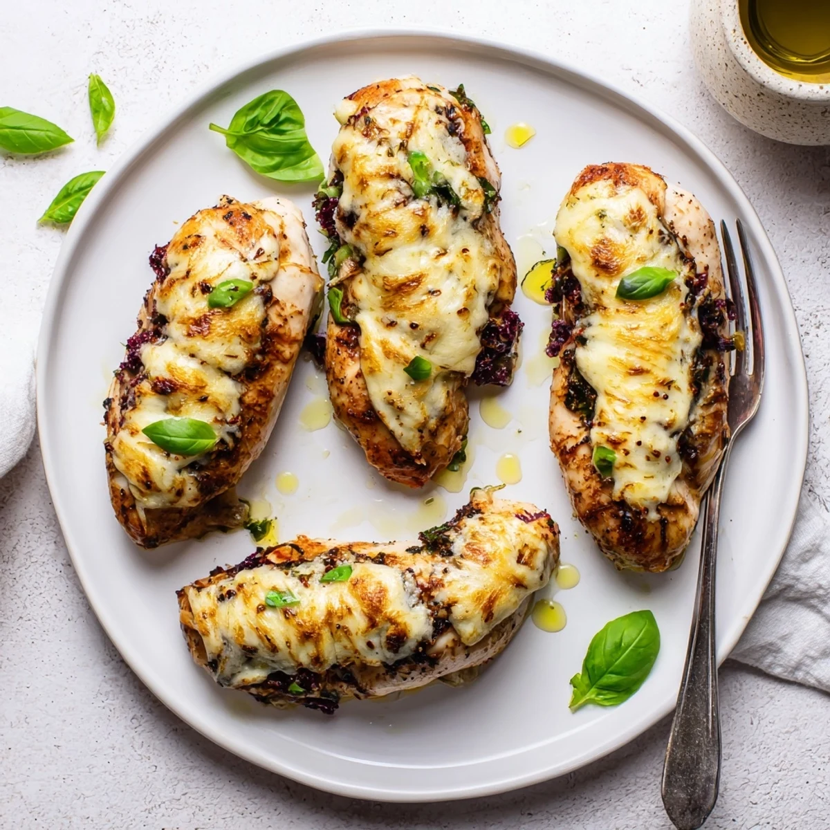 Blackberry Jalapeno Stuffed Chicken sliced open revealing creamy goat cheese and juicy purple berries