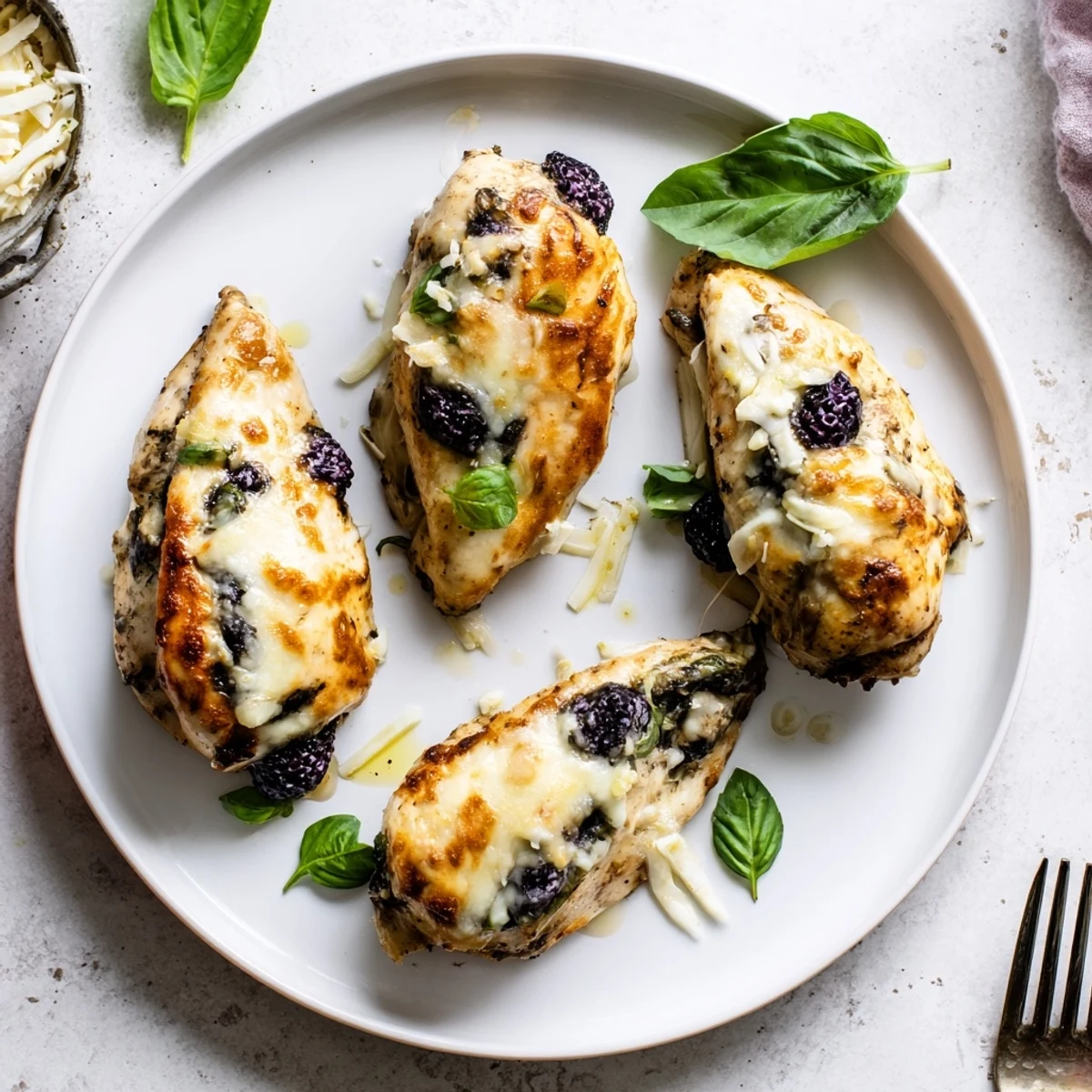 Golden baked Blackberry Jalapeno Stuffed Chicken with melted mozzarella and fresh basil garnish