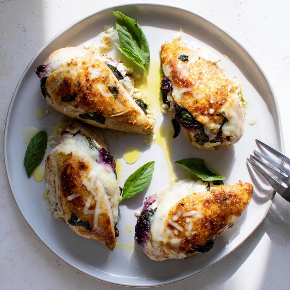 Skillet-seared Blackberry Jalapeno Stuffed Chicken bubbling with melted cheese on a rustic baking dish