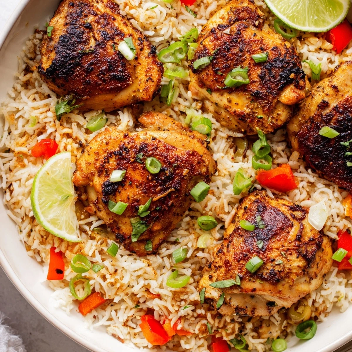 Golden jerk chicken thighs nestled in fragrant coconut rice with fresh herbs