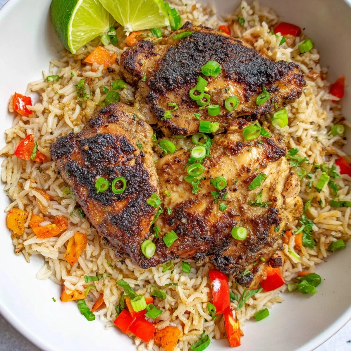 Spicy jerk chicken rice topped with colorful bell peppers and lime wedges