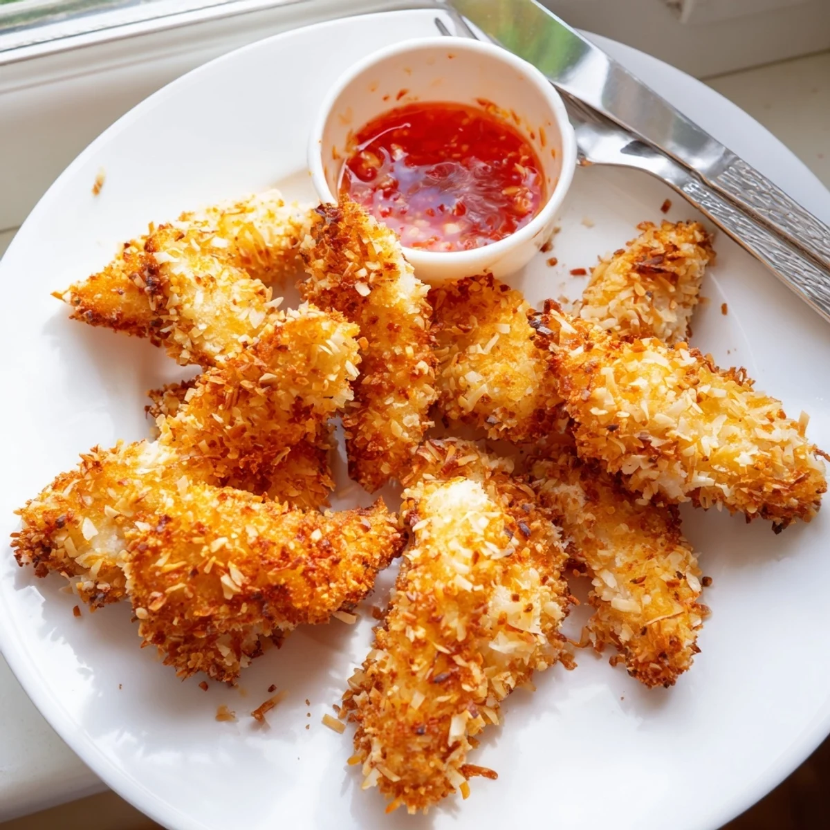 Crispy coconut chicken arranged on a platter alongside tangy mango chutney