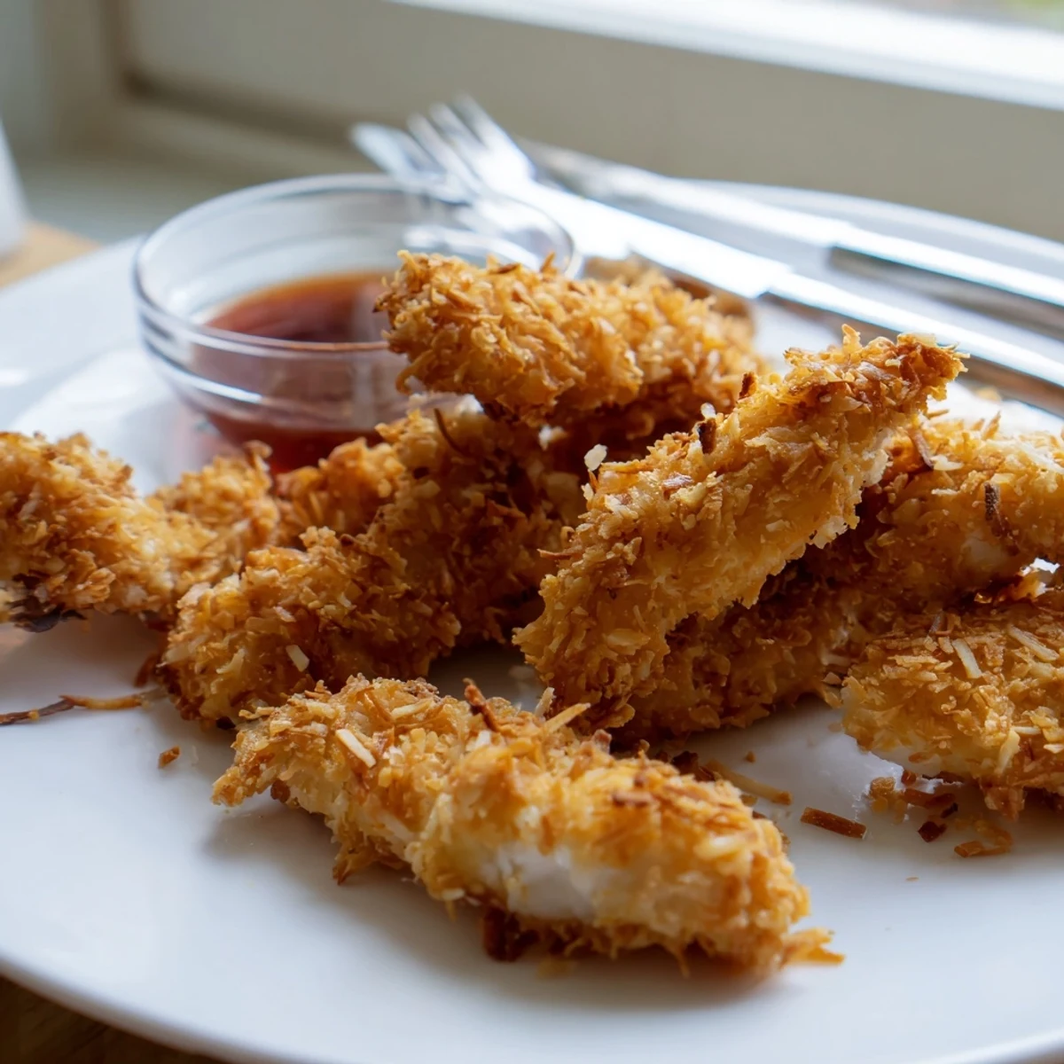 Golden crunchy coconut chicken strips served hot with sweet chili dipping sauce