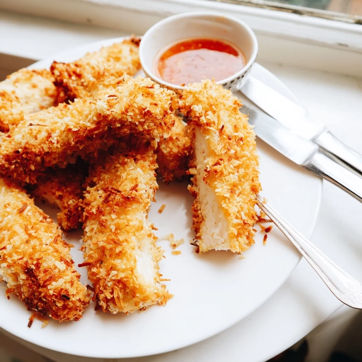 Crunchy coconut chicken fresh from the skillet with a perfectly golden crust