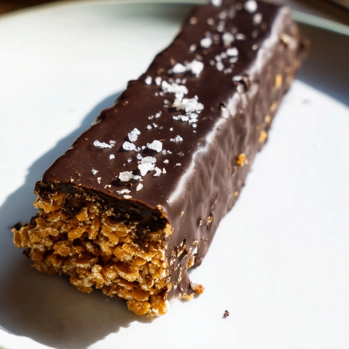 Healthy Homemade Butterfingers bars dipped in glossy dark chocolate on a rustic cutting board