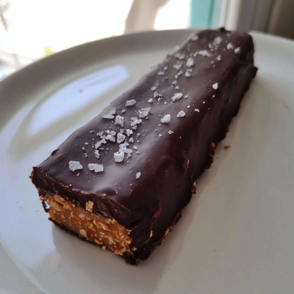 Crunchy Healthy Homemade Butterfingers coated in rich chocolate with a sprinkle of sea salt