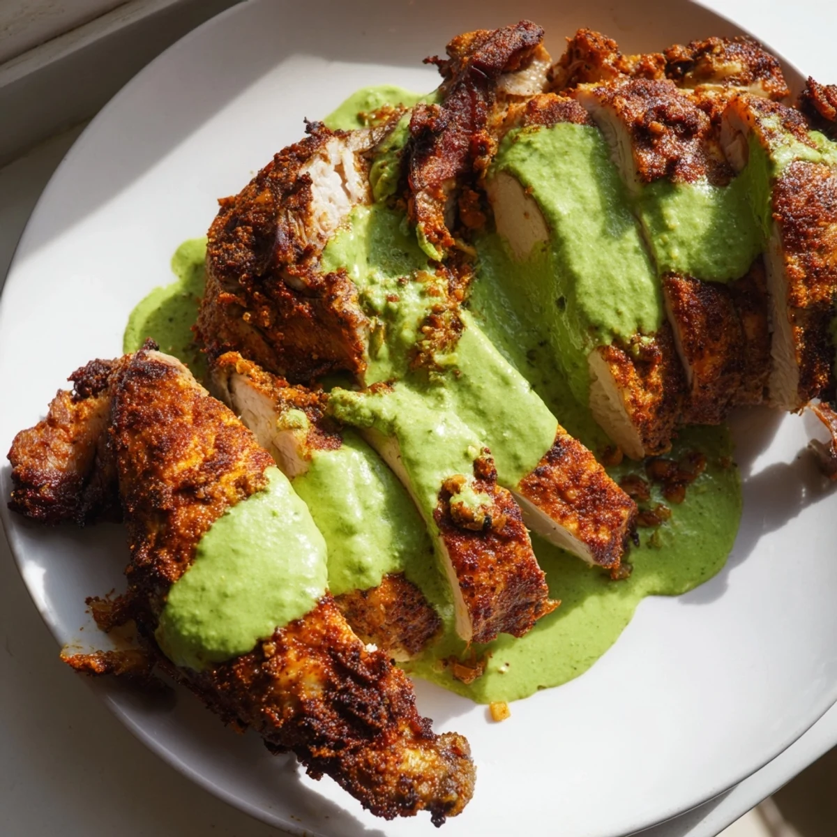 Juicy sliced Peruvian Chicken Delight drizzled with vibrant creamy cilantro green sauce