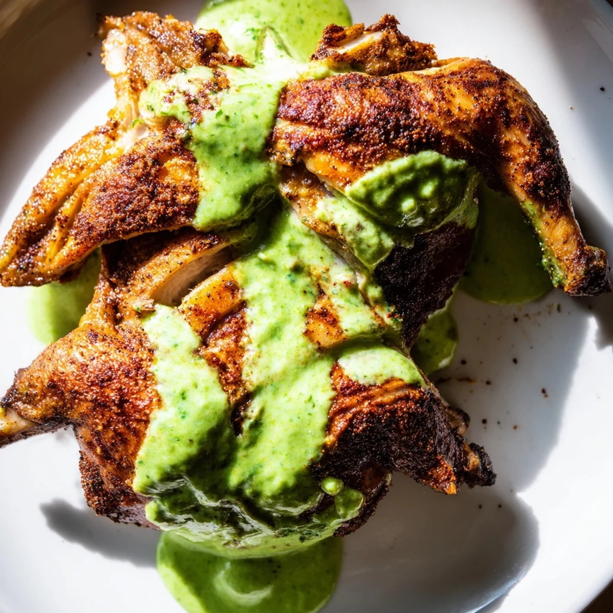Tender Peruvian Chicken Delight served alongside roasted potatoes and spicy aji verde sauce