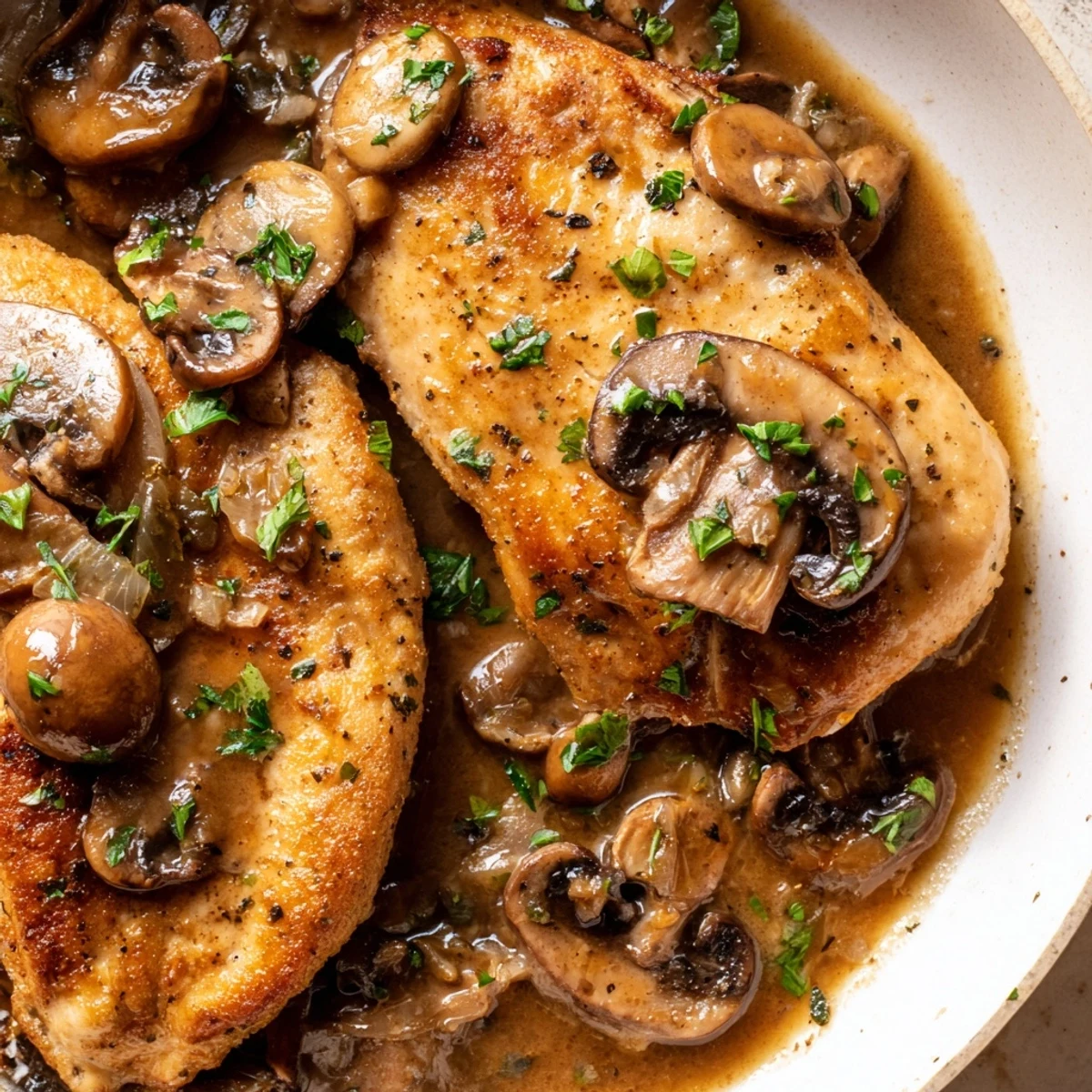 Golden pan-seared dairy free chicken marsala smothered in rich mushroom wine sauce