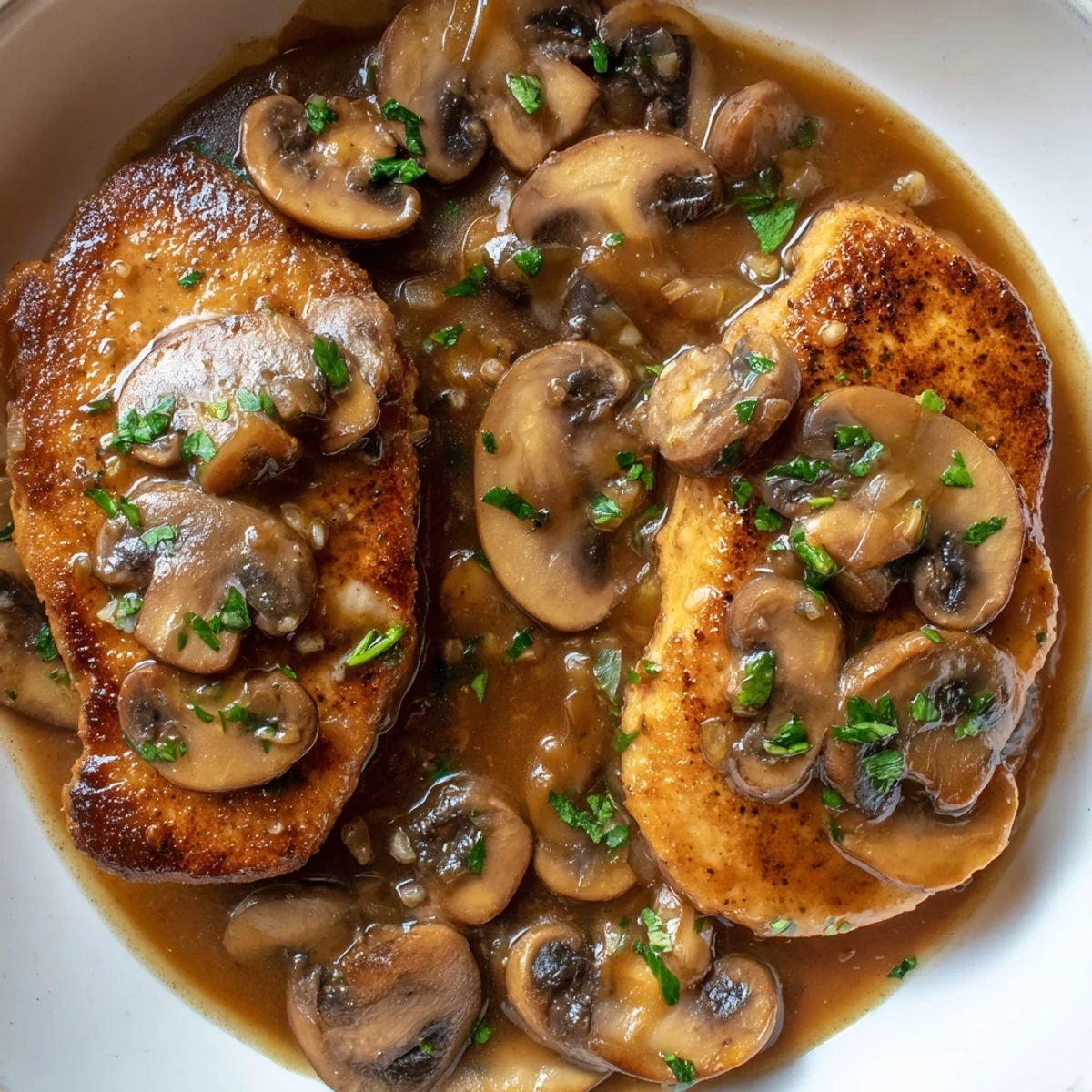 Tender dairy free chicken marsala with caramelized cremini mushrooms in glossy Marsala glaze