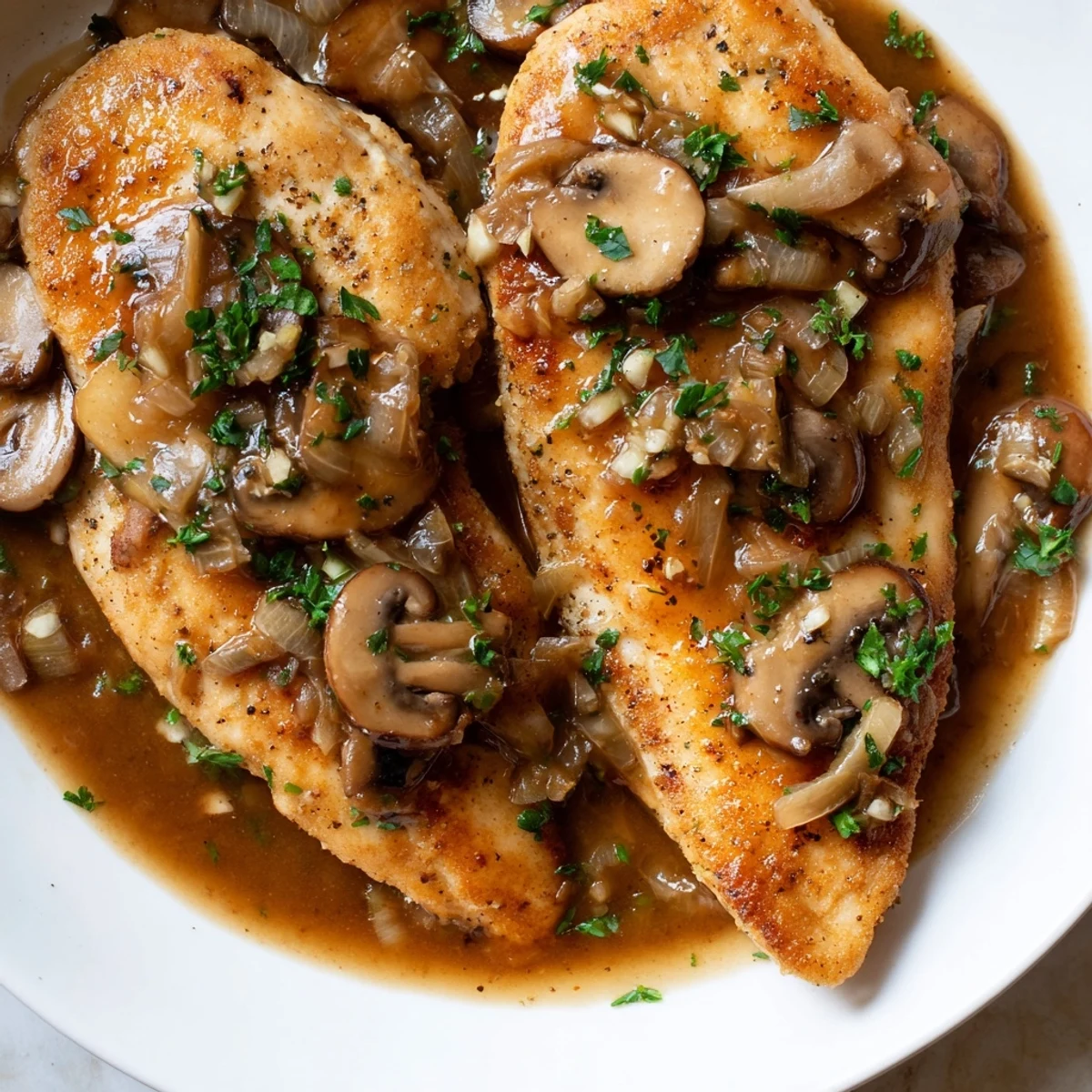 Creamy dairy free chicken marsala served in a cast iron skillet with fresh parsley garnish