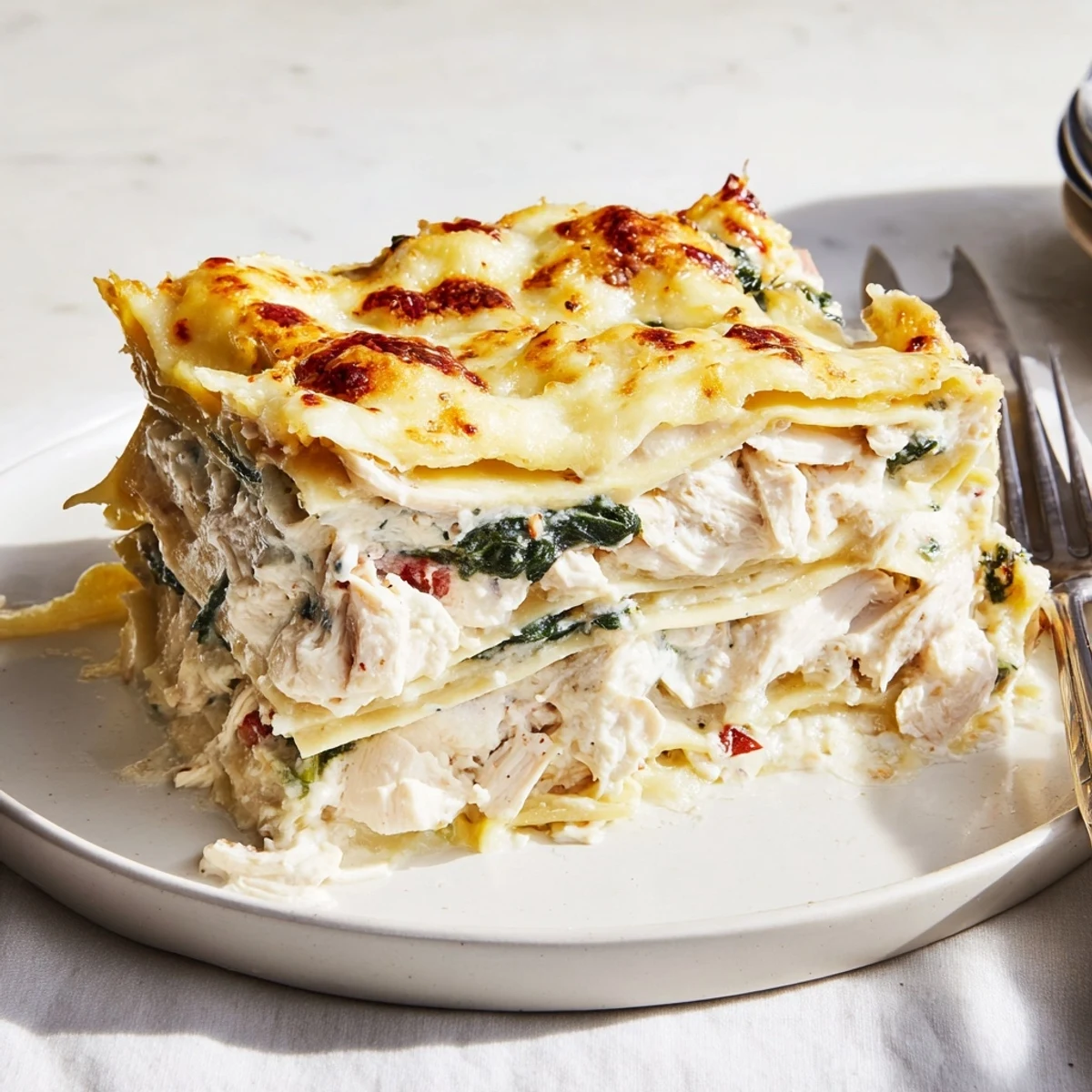 Creamy white chicken lasagna with golden bubbling cheese and tender spinach layers