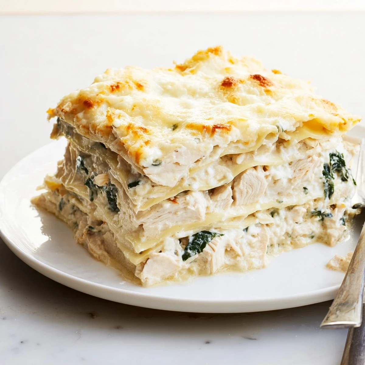White chicken lasagna sliced to reveal rich creamy sauce and melted mozzarella