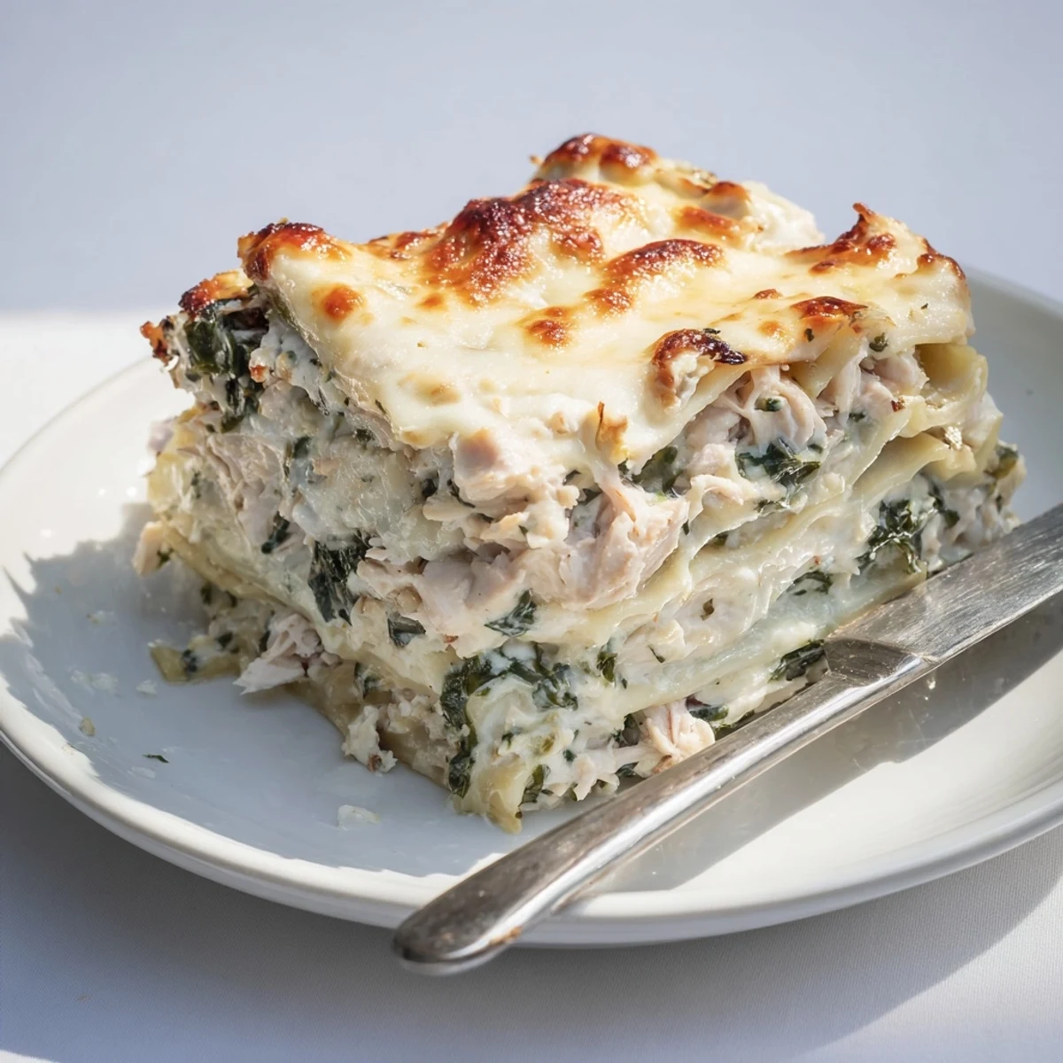 Steaming white chicken lasagna with crispy Parmesan topping served in a rustic baking dish