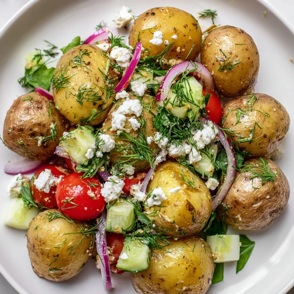 Creamy potato and feta salad topped with fresh dill and bright cherry tomatoes