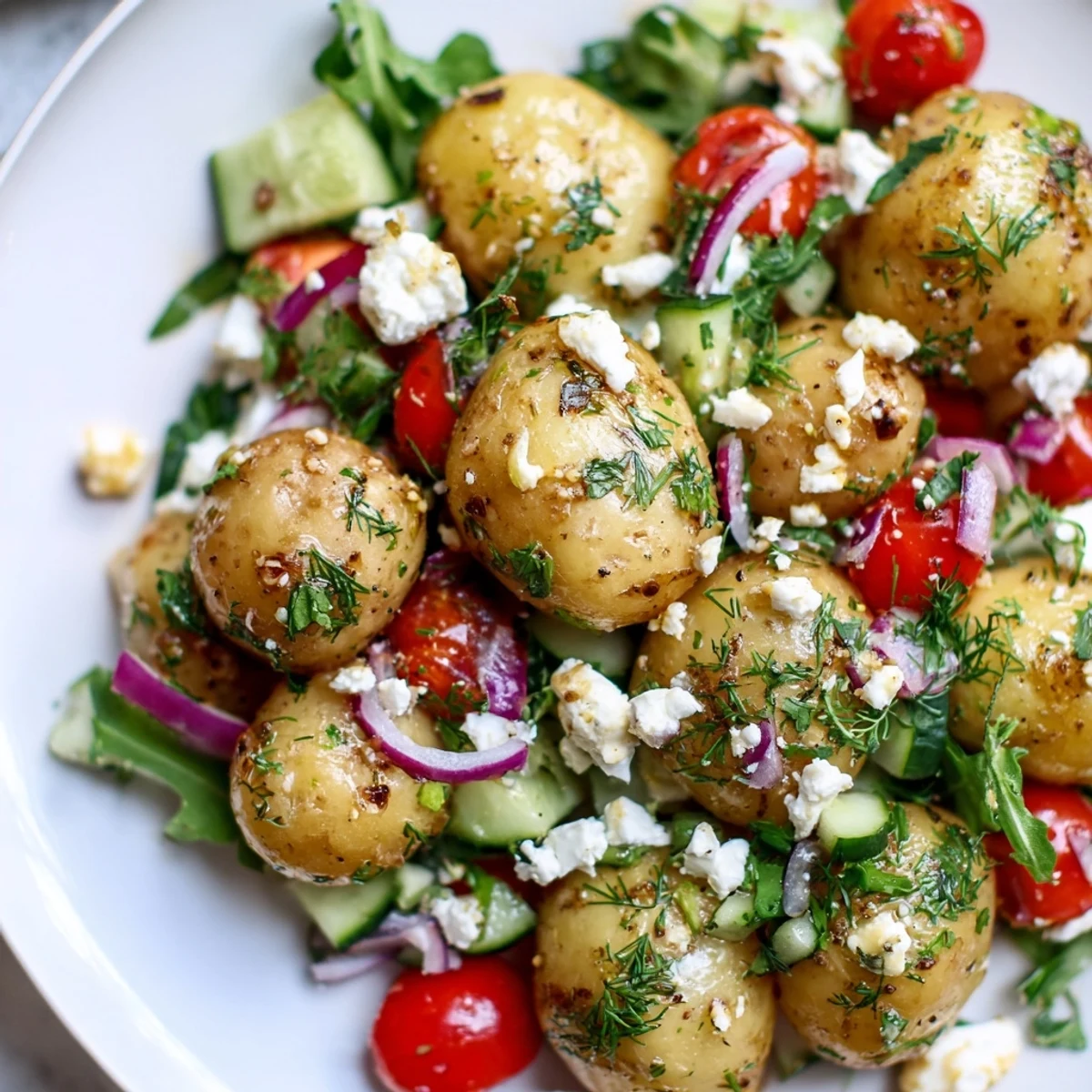 Warm potato and feta salad drizzled with tangy lemon herb vinaigrette in a rustic bowl