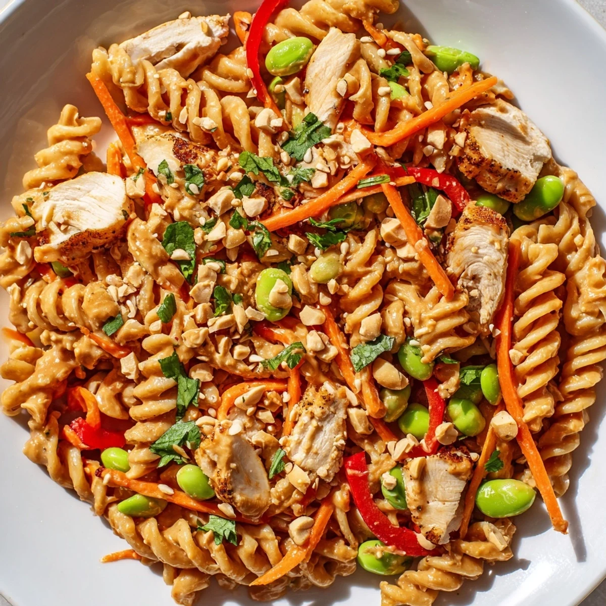 Colorful protein packed Thai pasta salad with grilled chicken and fresh vegetables