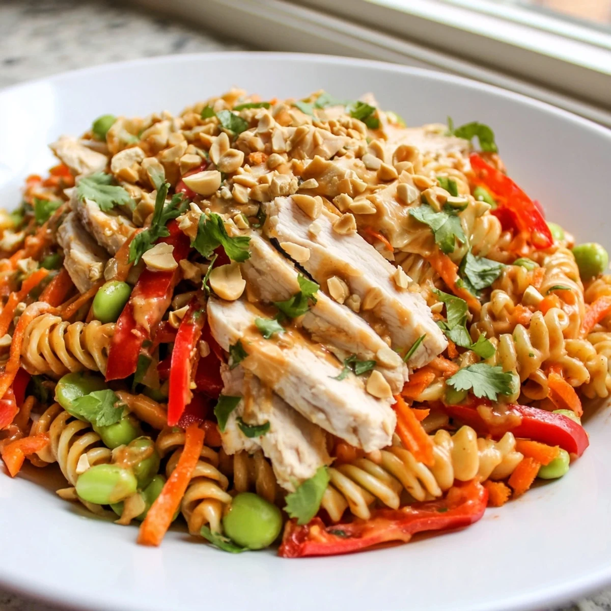 Protein packed Thai pasta salad tossed in creamy peanut dressing with sesame seeds