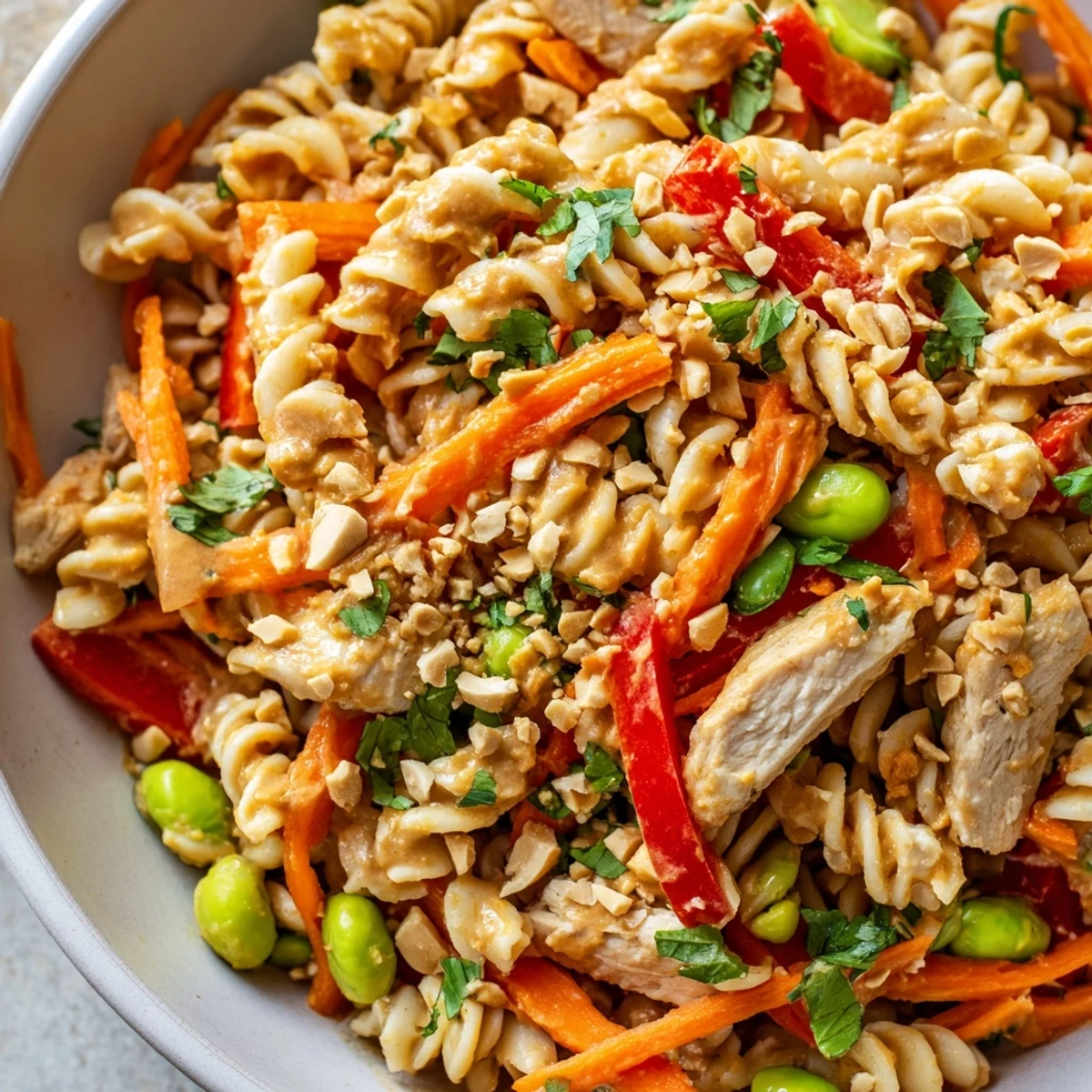 Vibrant protein packed Thai pasta salad topped with crushed peanuts and crisp veggies