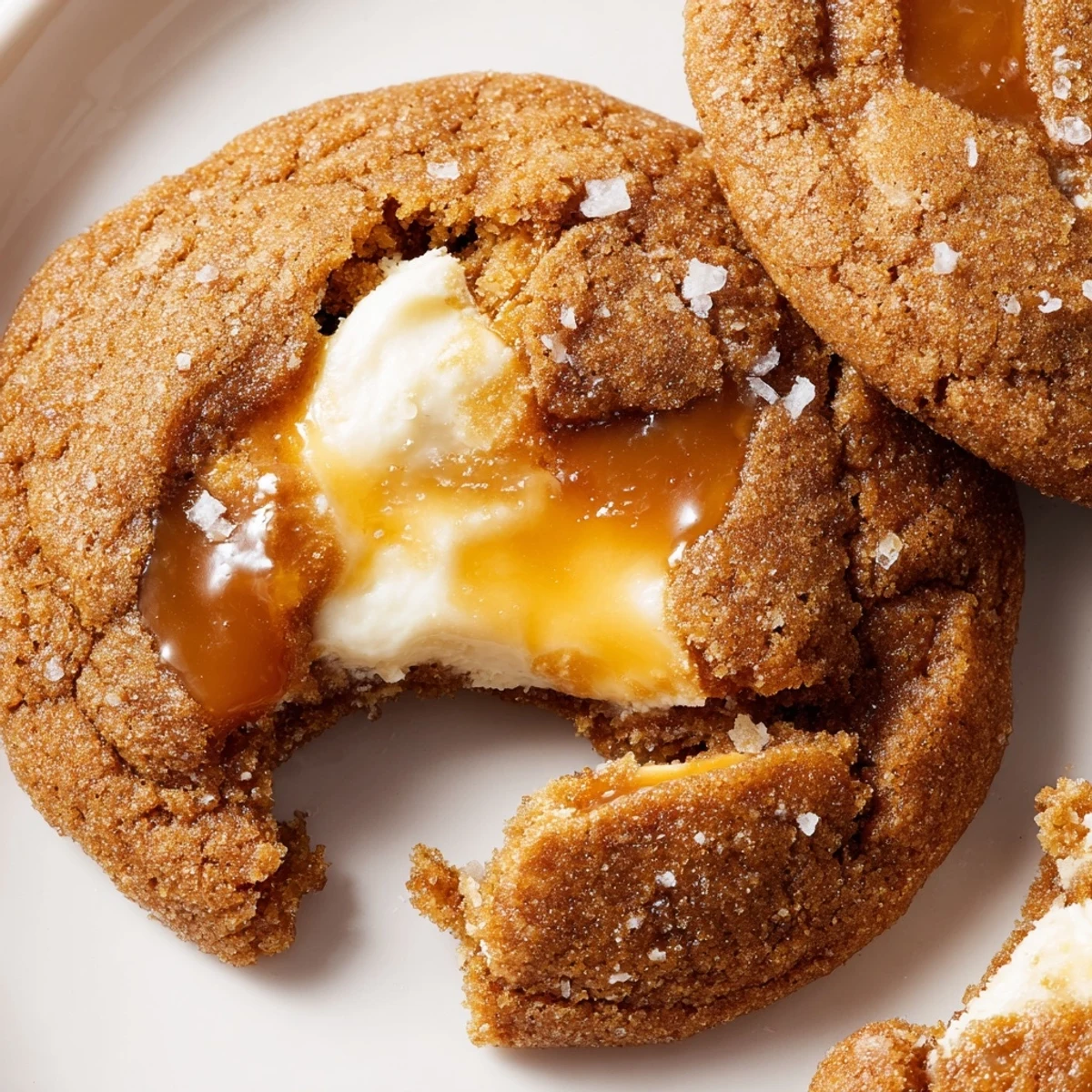 Golden caramel cheesecake cookies drizzled with glossy caramel sauce on a rustic baking sheet
