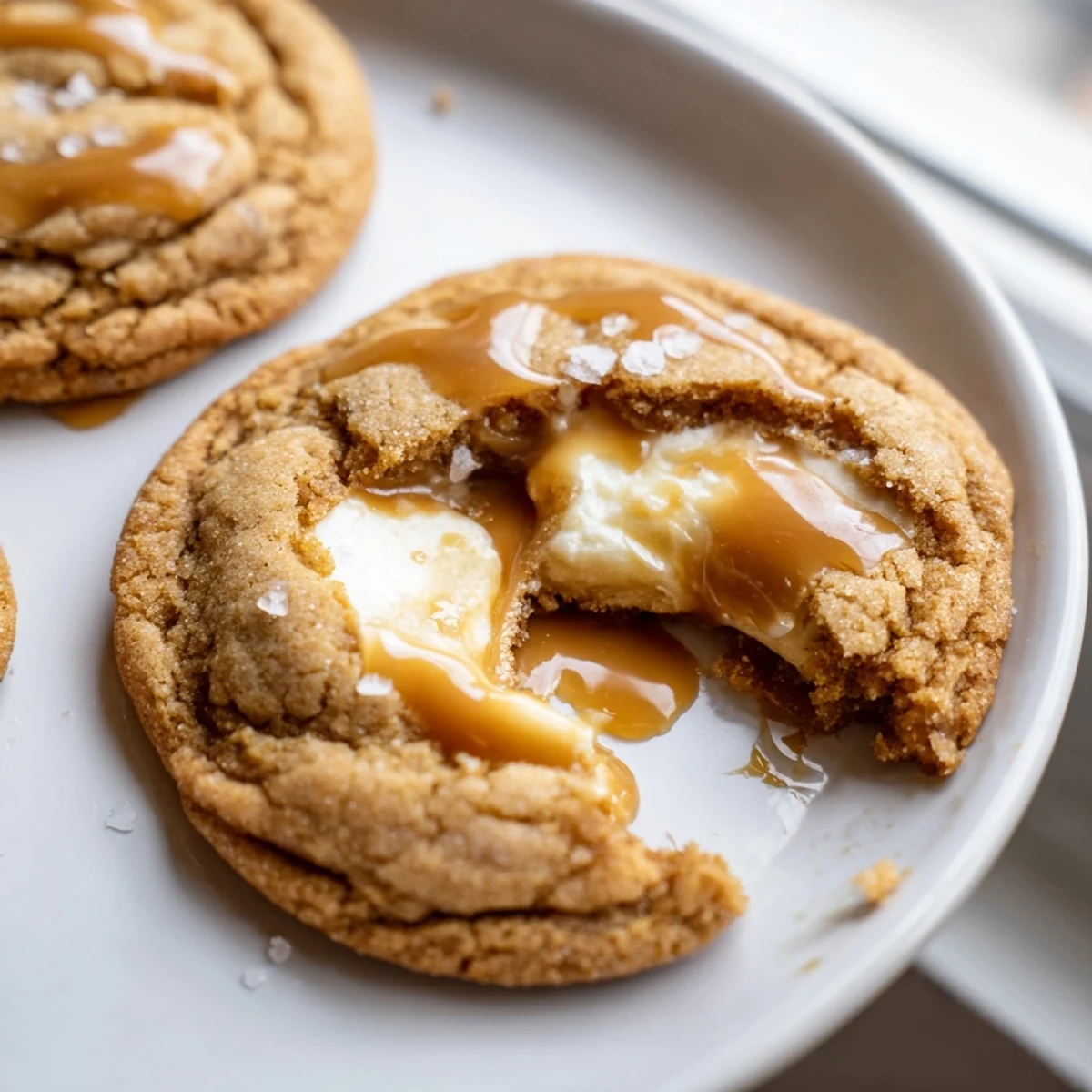 Warm caramel cheesecake cookies topped with luscious caramel and flaky sea salt ready to serve