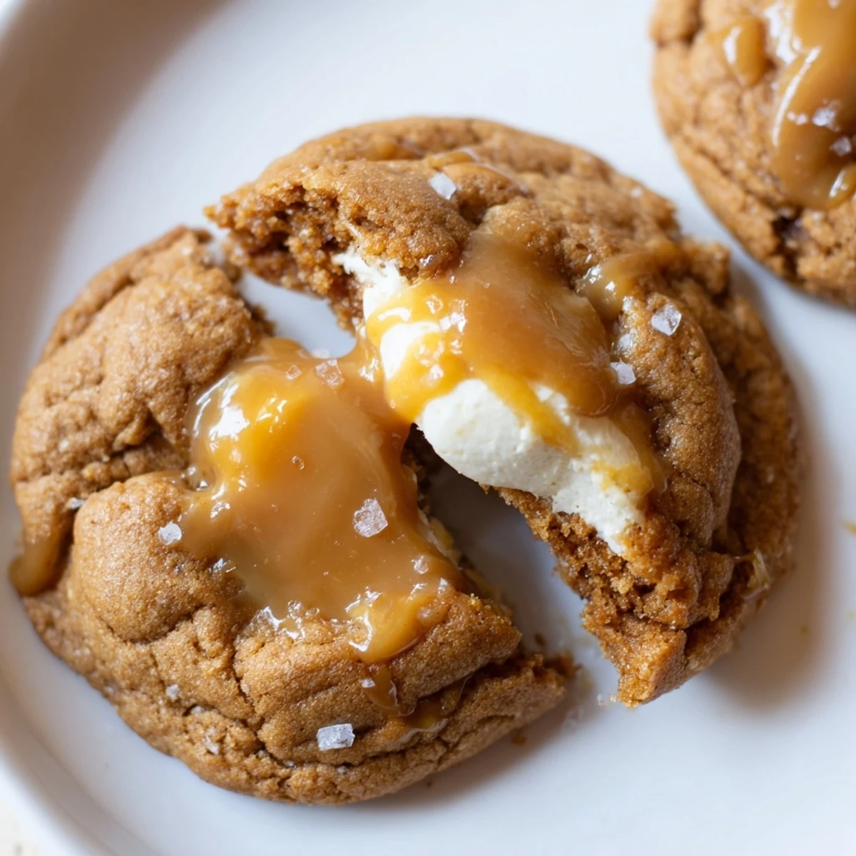 Soft caramel cheesecake cookies with creamy centers and sweet caramel drizzle on parchment paper