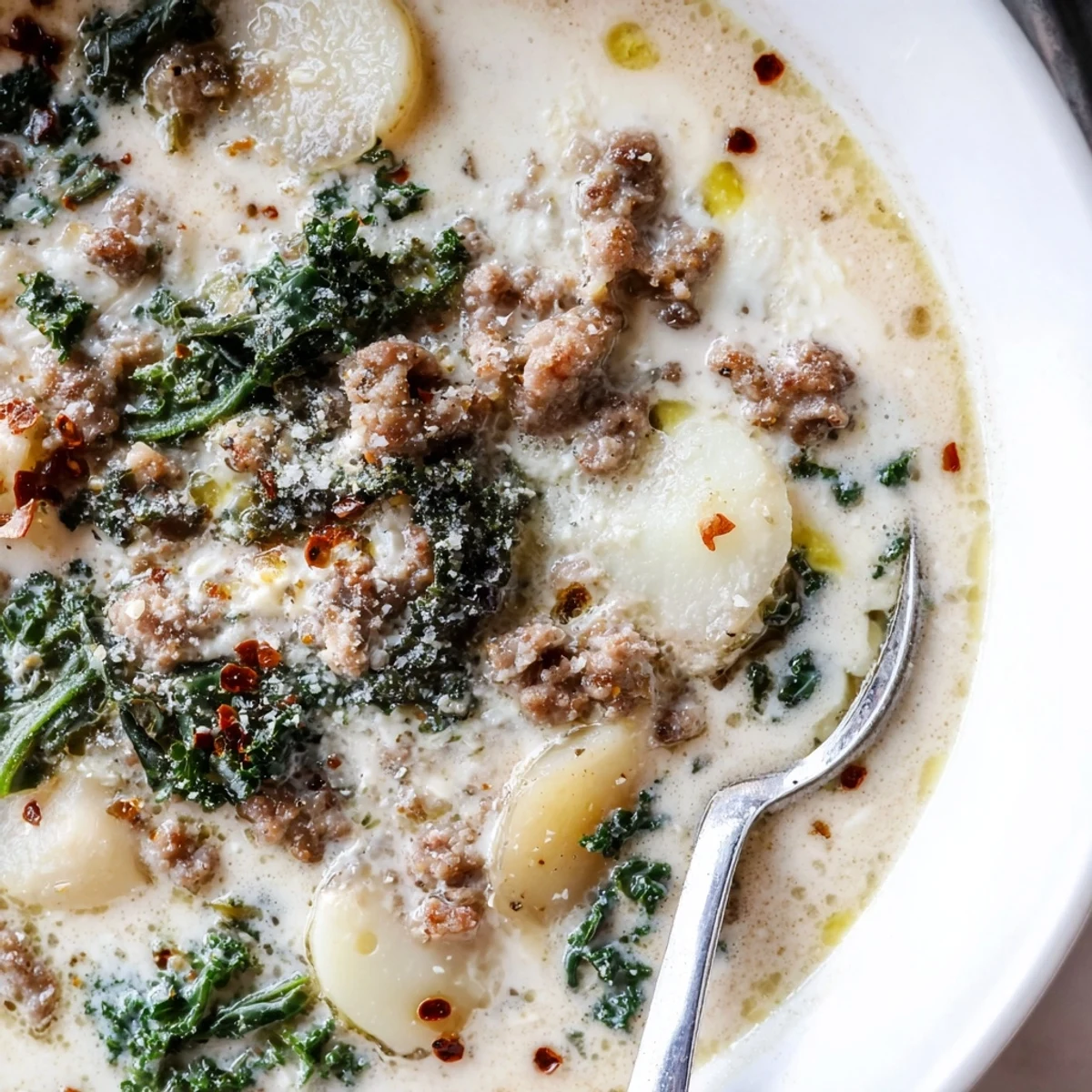 Creamy Zuppa Toscana soup with crumbled sausage, tender potatoes, and wilted fresh kale