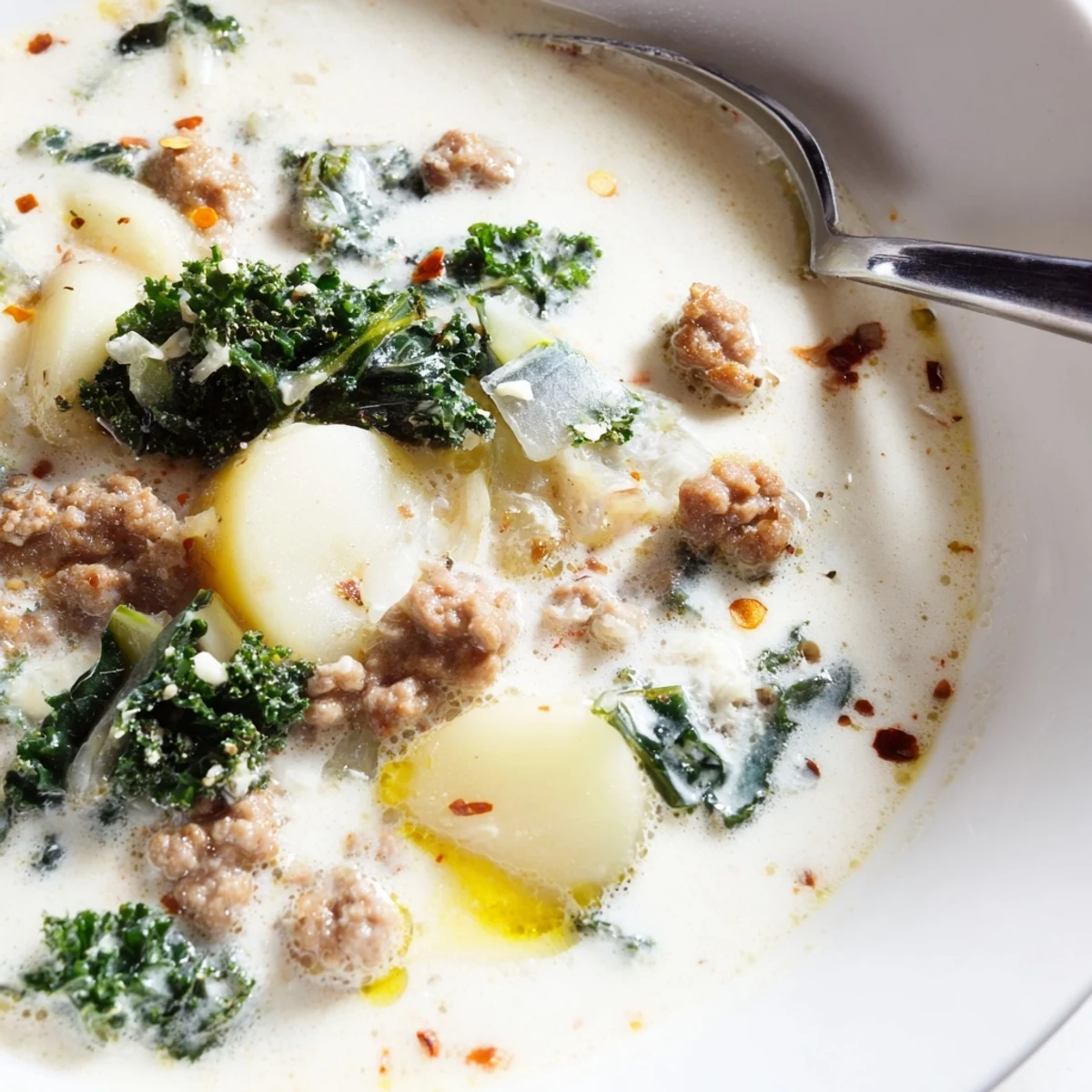 Hearty Zuppa Toscana soup ladled into a rustic bowl alongside crusty bread