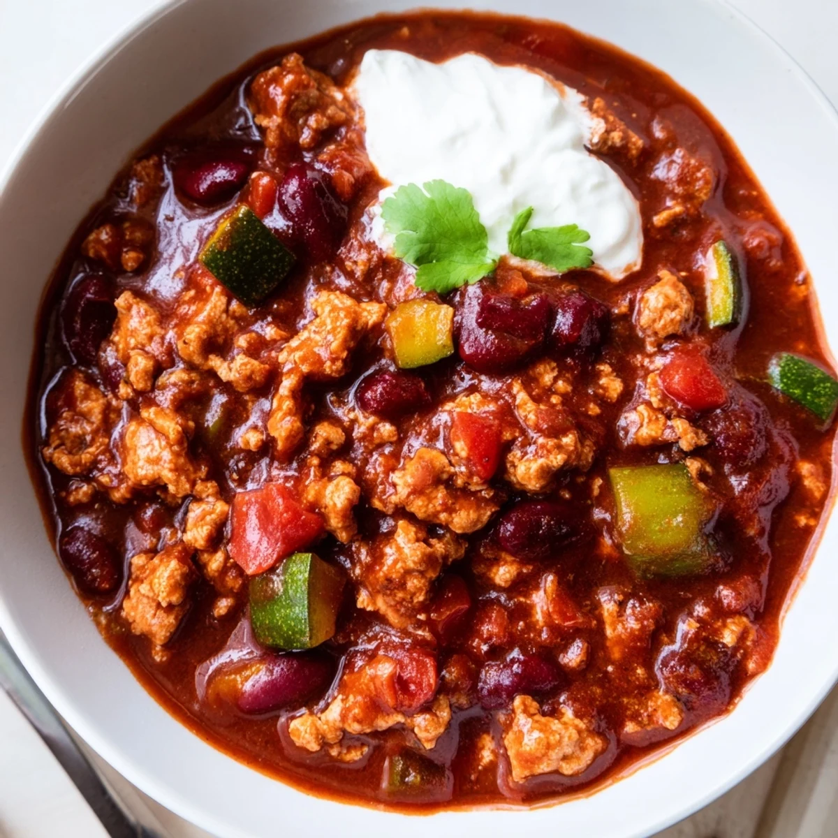 Thick, chunky diabetic chili recipe bursting with bell peppers, zucchini, and rich tomato broth