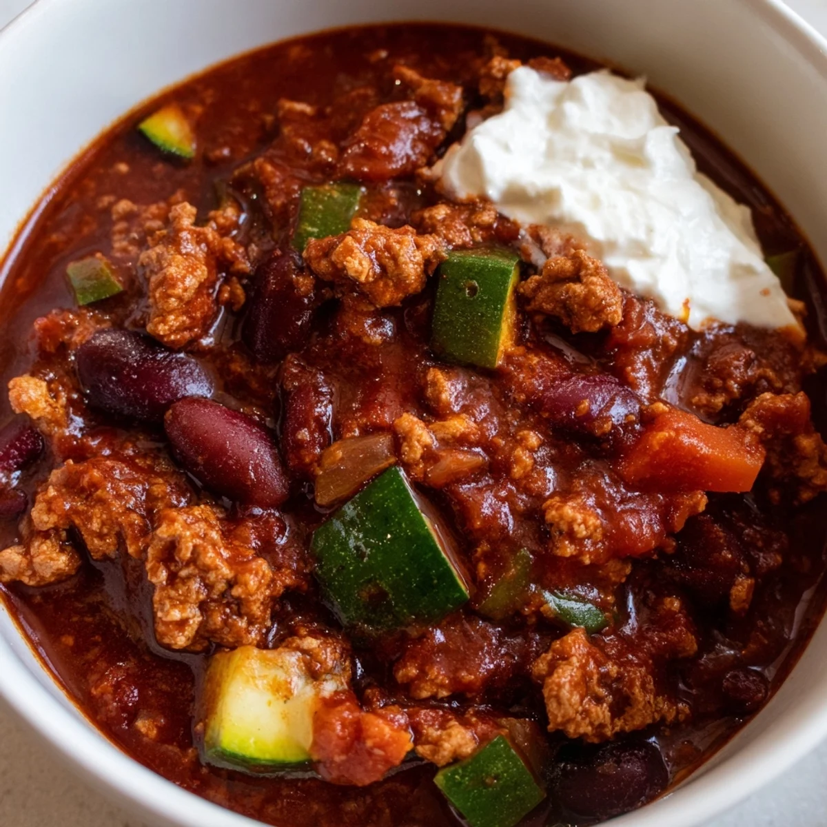 Steaming bowl of diabetic chili recipe garnished with fresh cilantro and a yogurt dollop