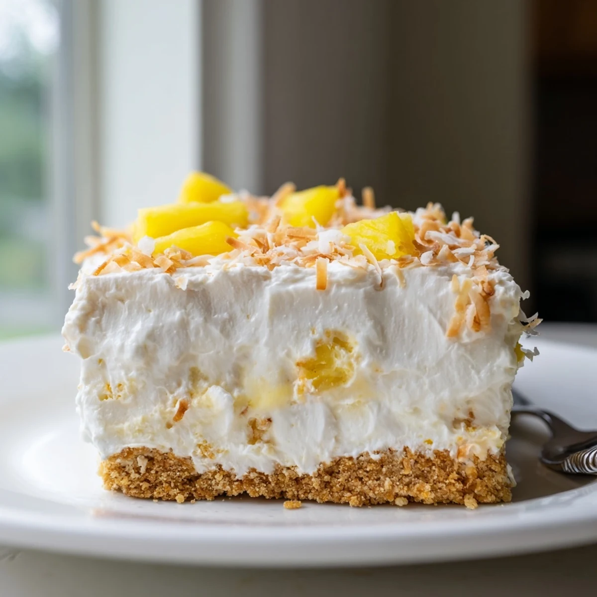 Creamy no bake pineapple coconut cream cake sliced and topped with golden toasted coconut flakes