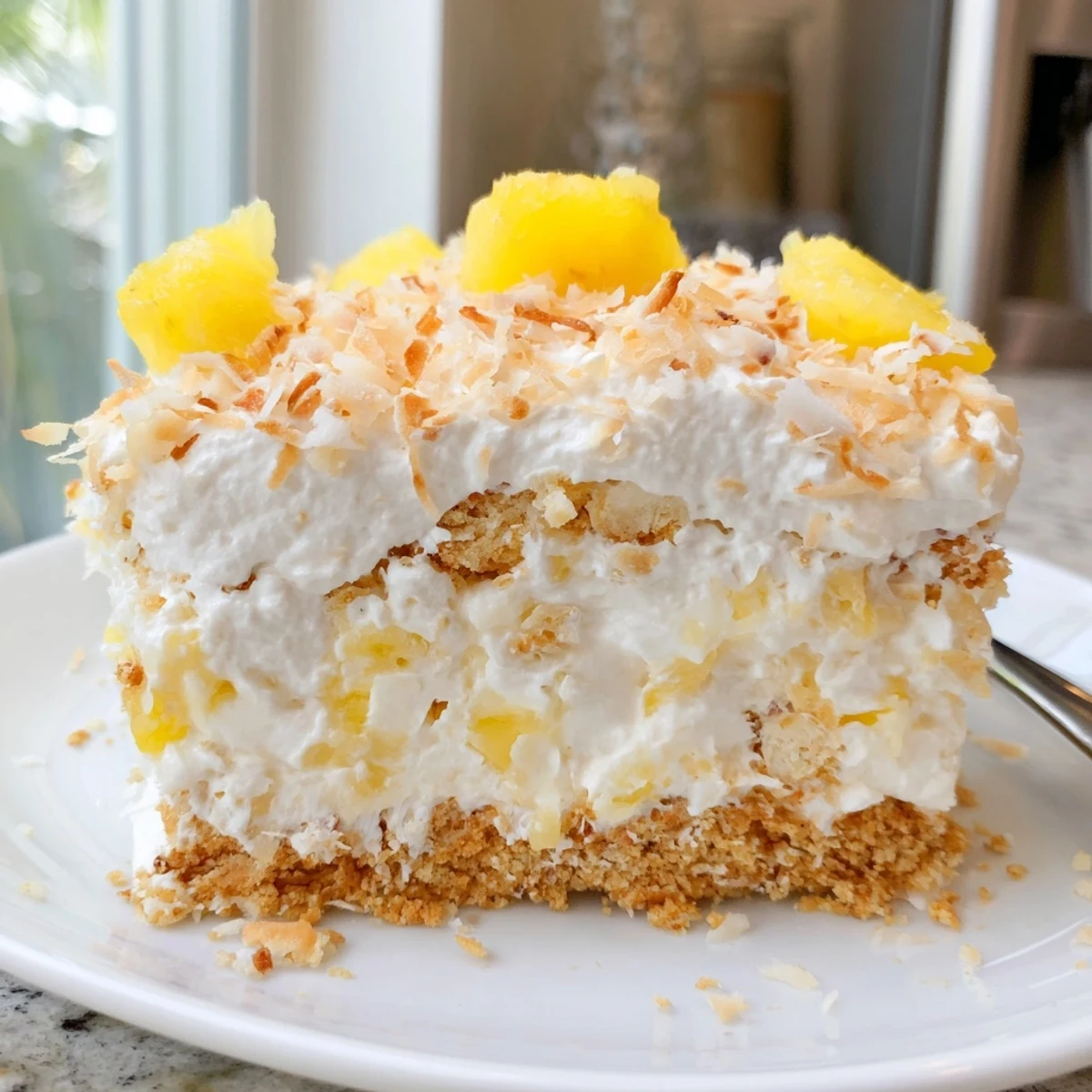 A chilled no bake pineapple coconut cream cake sitting on a graham cracker crust
